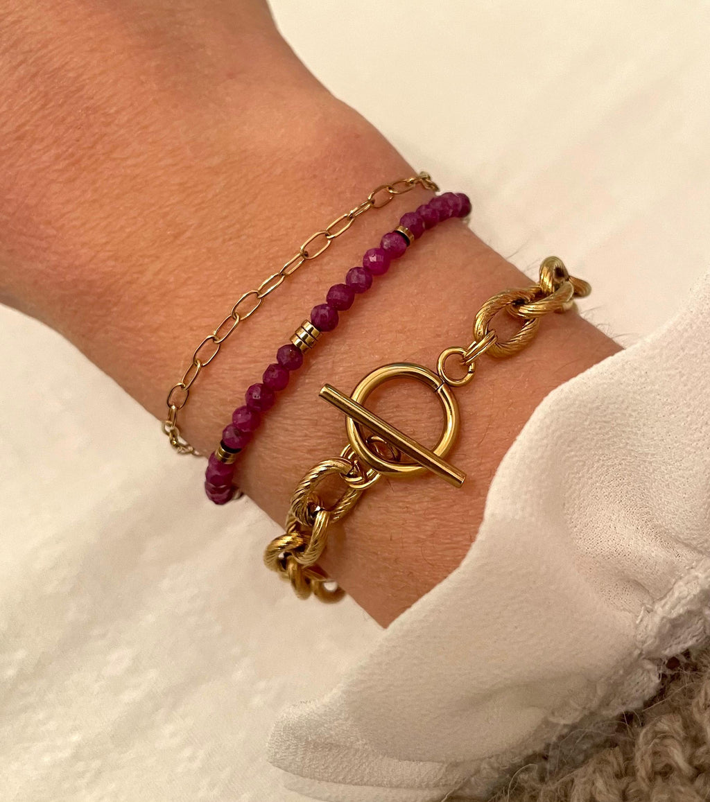 Bracelet Rubis & Hématites Dorées | Perles Naturelles | Acier Inoxydable