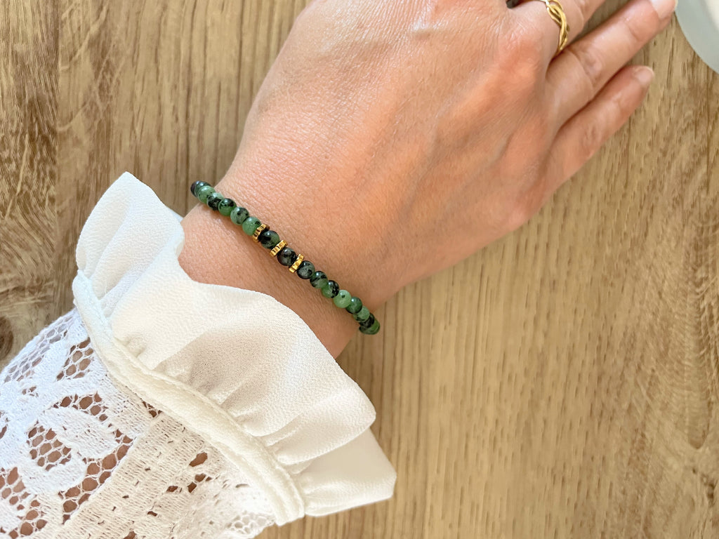 Bracelet Zoisite Vert & Hématites – Acier Inoxydable Doré – 2 Styles au Choix