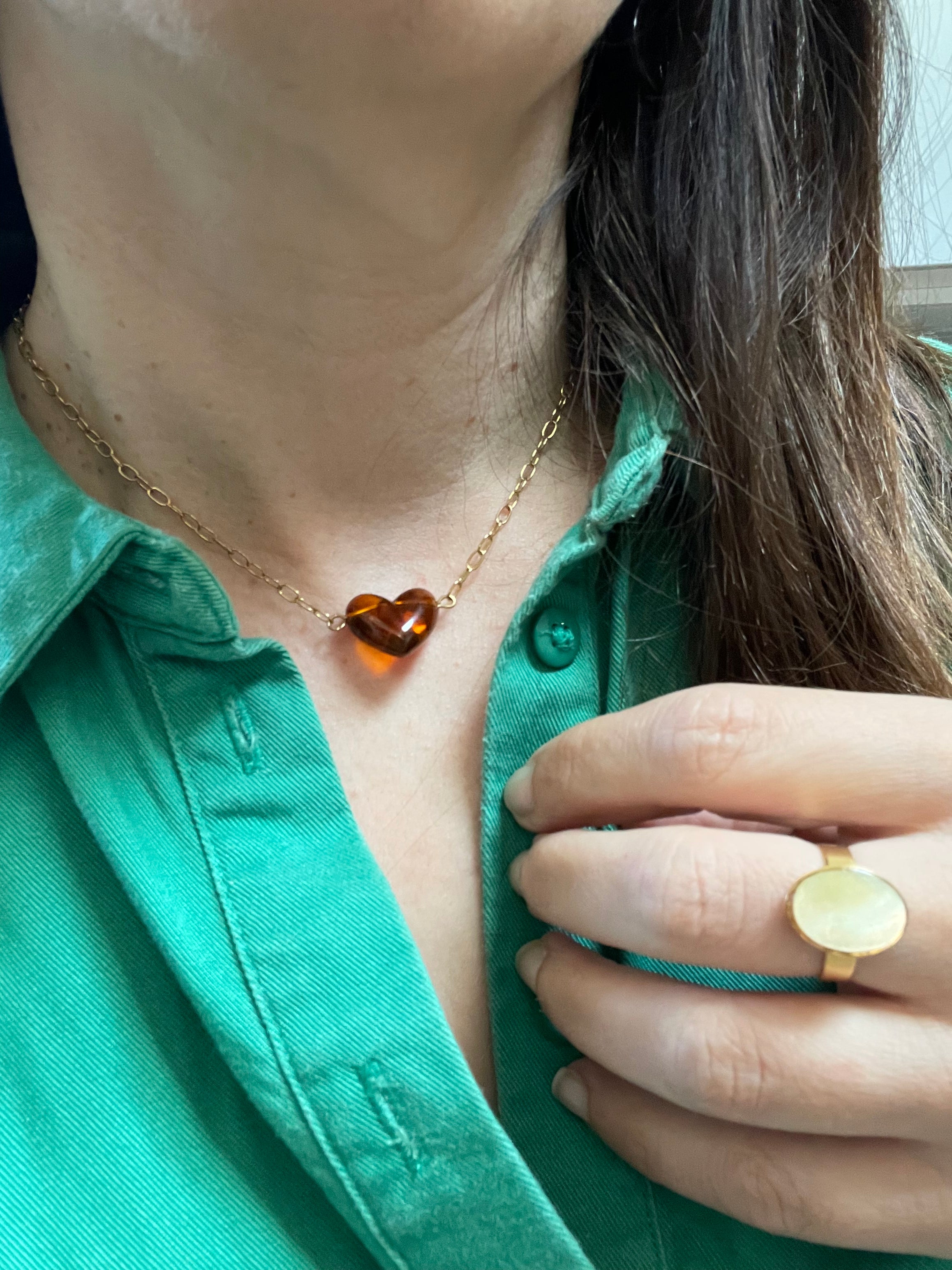 Collier Cœur Ambré en Acier Inoxydable Doré