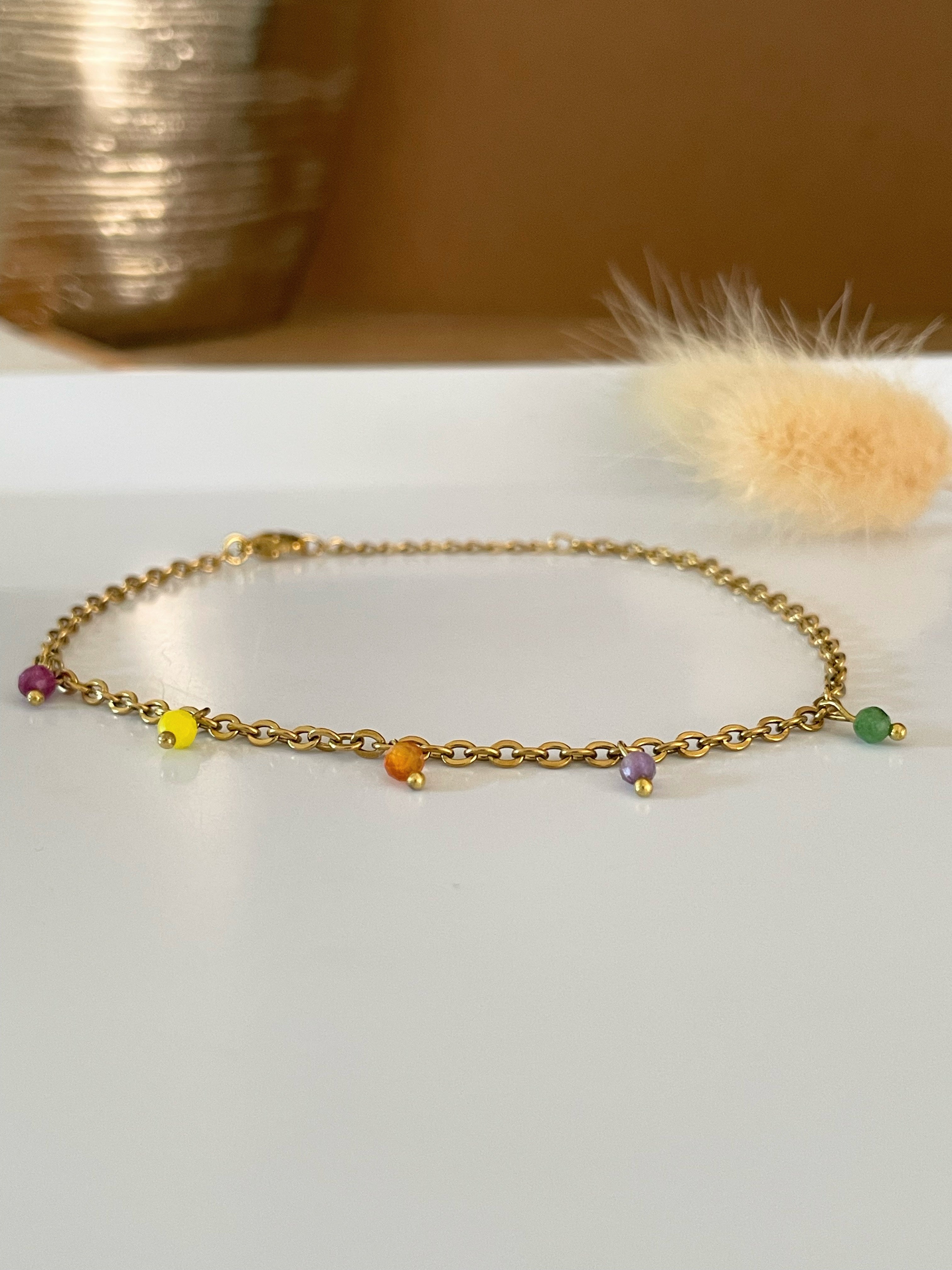 Bracelet Cheville Perles Colorées – Acier Inoxydable Doré