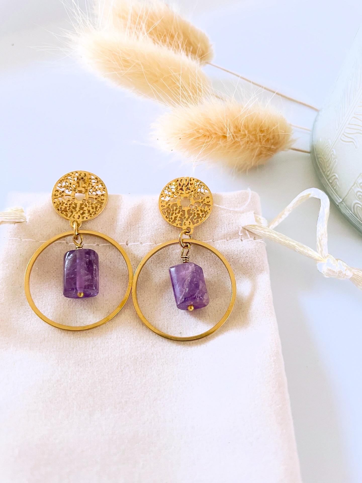 Boucles d'oreilles Pierres Naturelles – Monture Dorée Acier Inoxydable