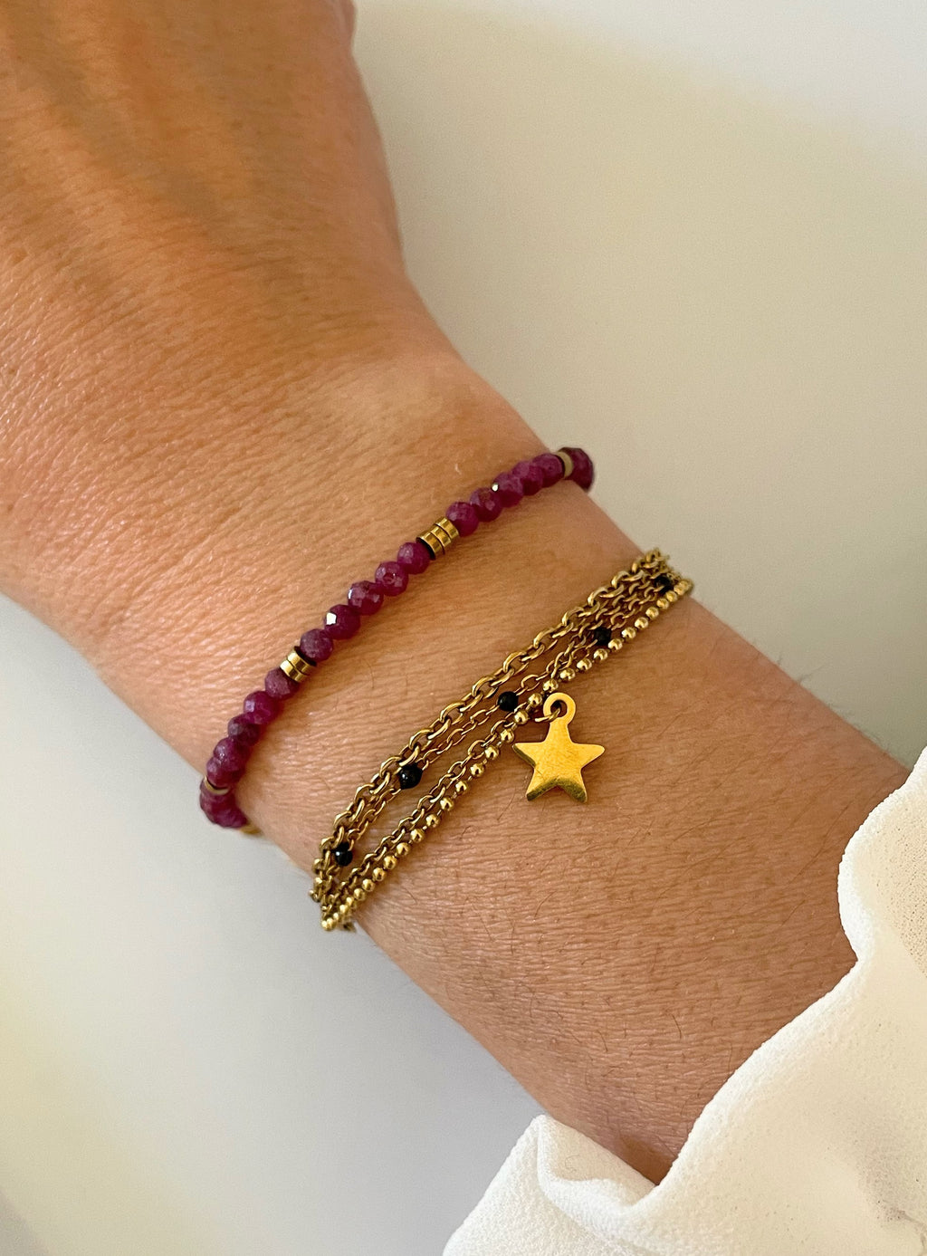 Bracelet Rubis & Hématites Dorées | Perles Naturelles | Acier Inoxydable
