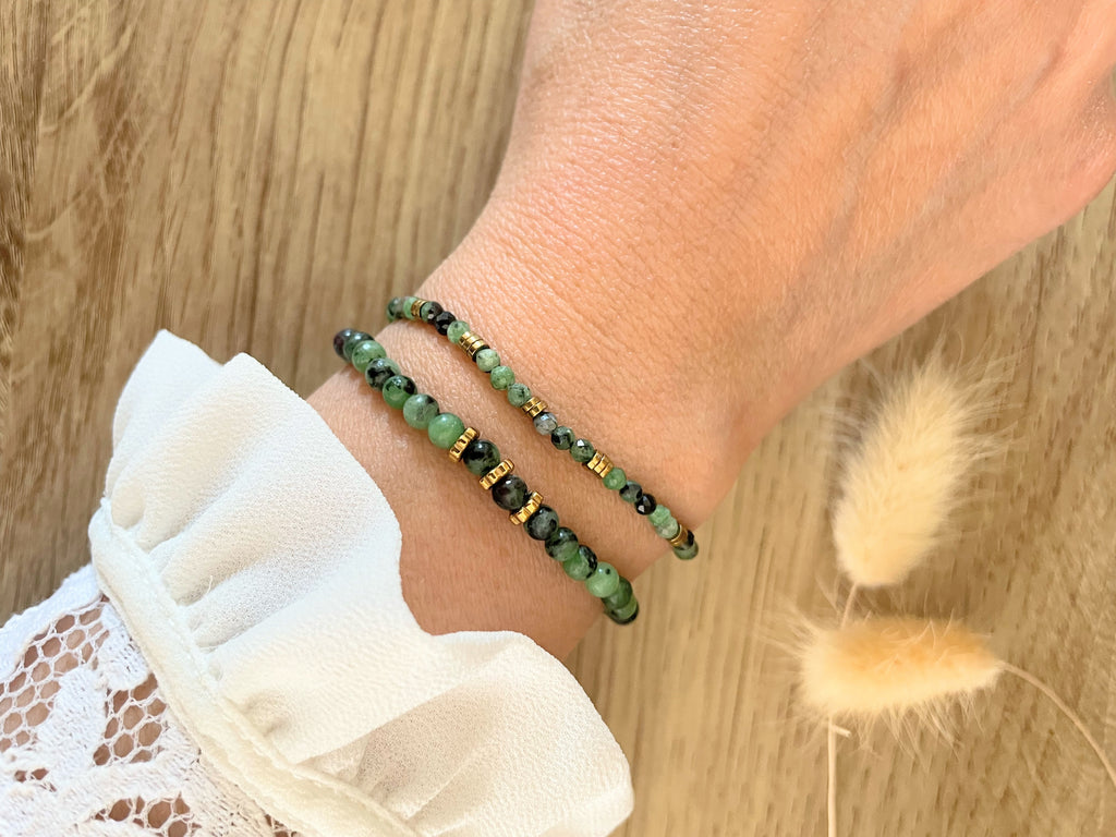 Bracelet Zoisite Vert & Hématites – Acier Inoxydable Doré – 2 Styles au Choix