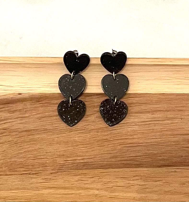 Boucles d'oreilles Cœurs Noirs Pailletés – Acier Inoxydable Doré