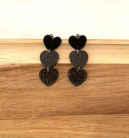 Boucles d'oreilles Cœurs Noirs Pailletés – Acier Inoxydable Doré