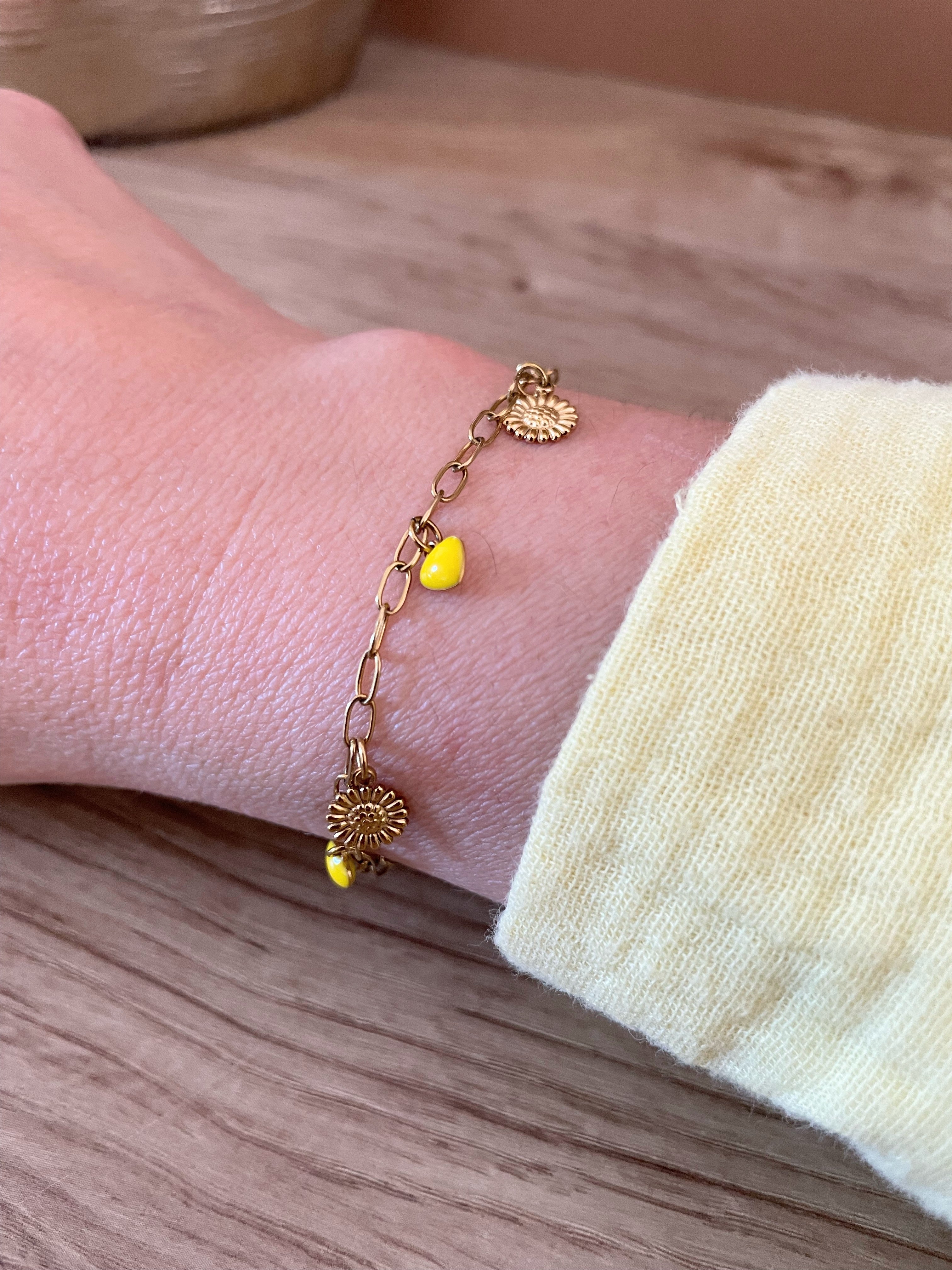 Bracelet Fin Jaune – Perles Facettées ou Breloques – Acier Inoxydable Doré