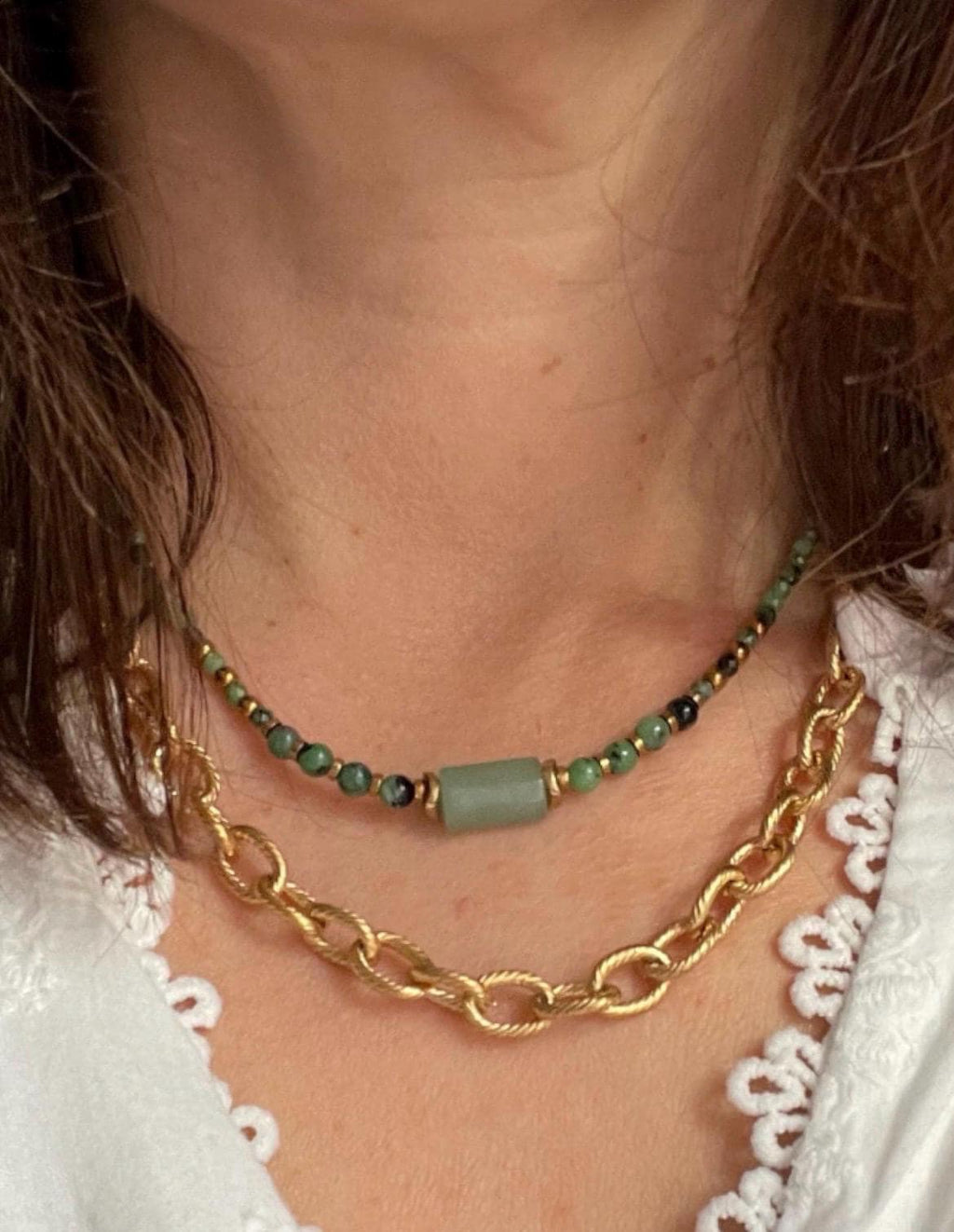 Collier Ras de Cou Perles Naturelles Zoïsite Vert – 2 Modèles
