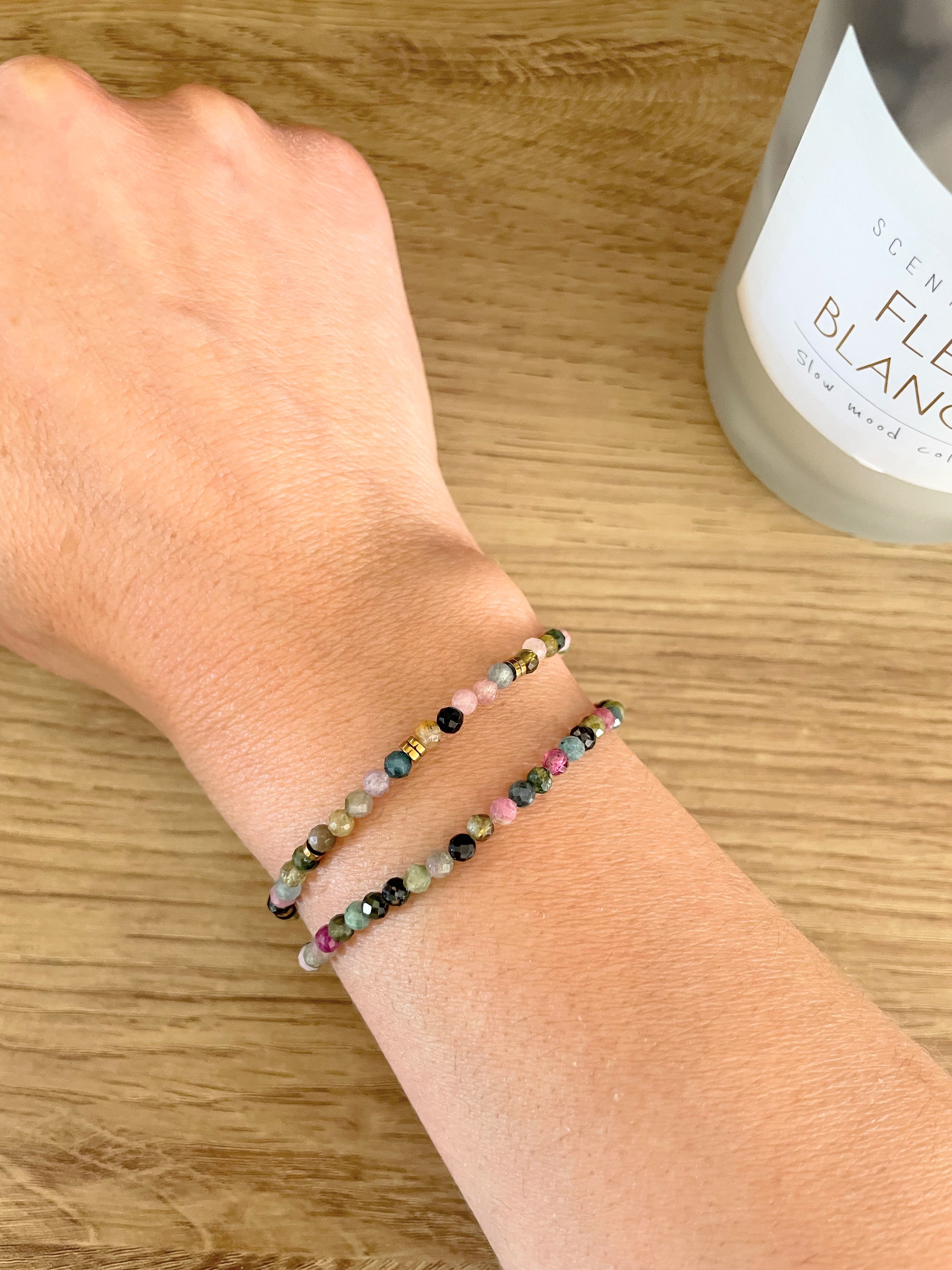 Bracelet multicolore pierre tourmaline Hématites – Acier Inoxydable Doré – 2 Styles au Choix