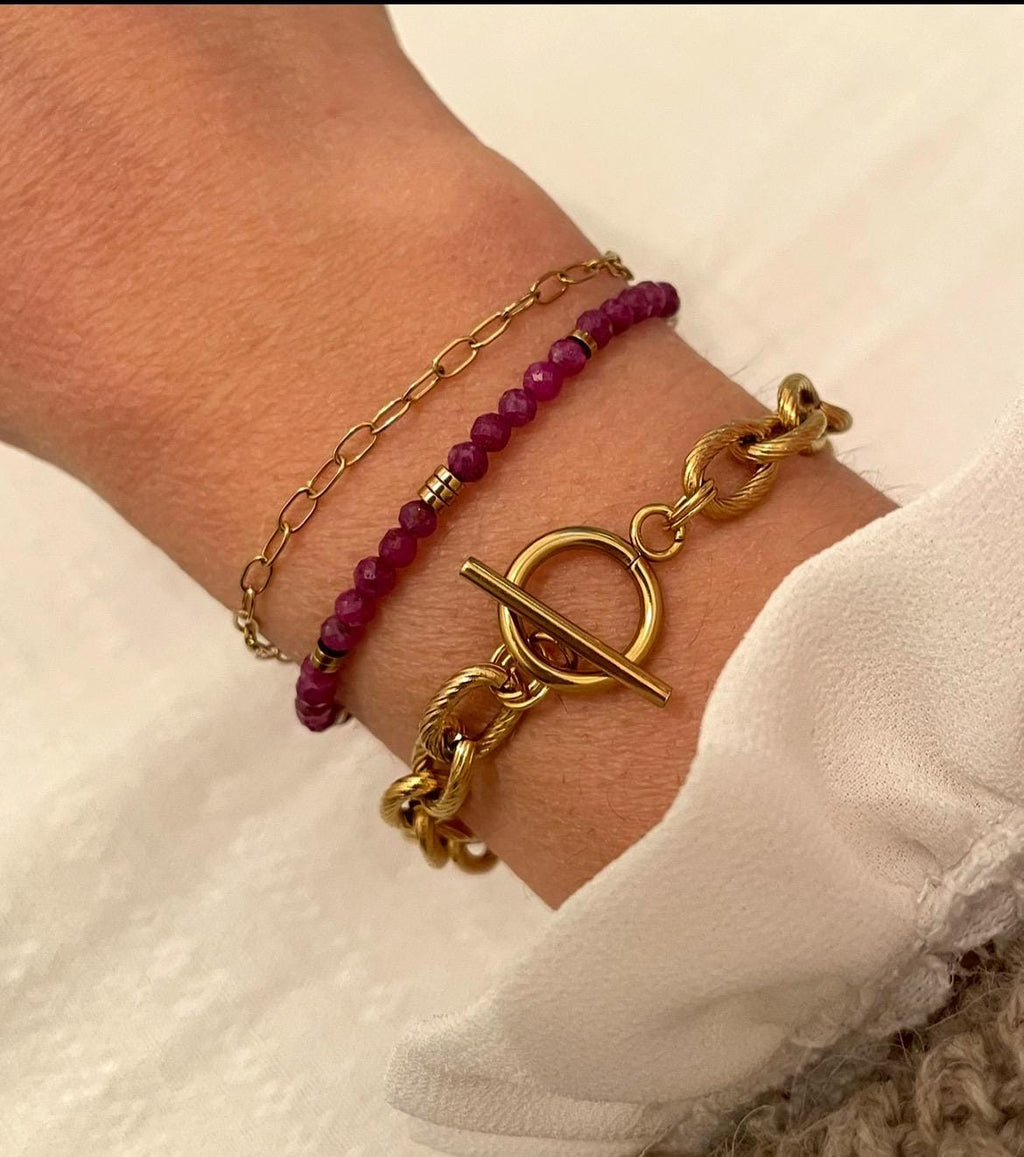 Bracelet Rubis & Hématites Dorées | Perles Naturelles | Acier Inoxydable