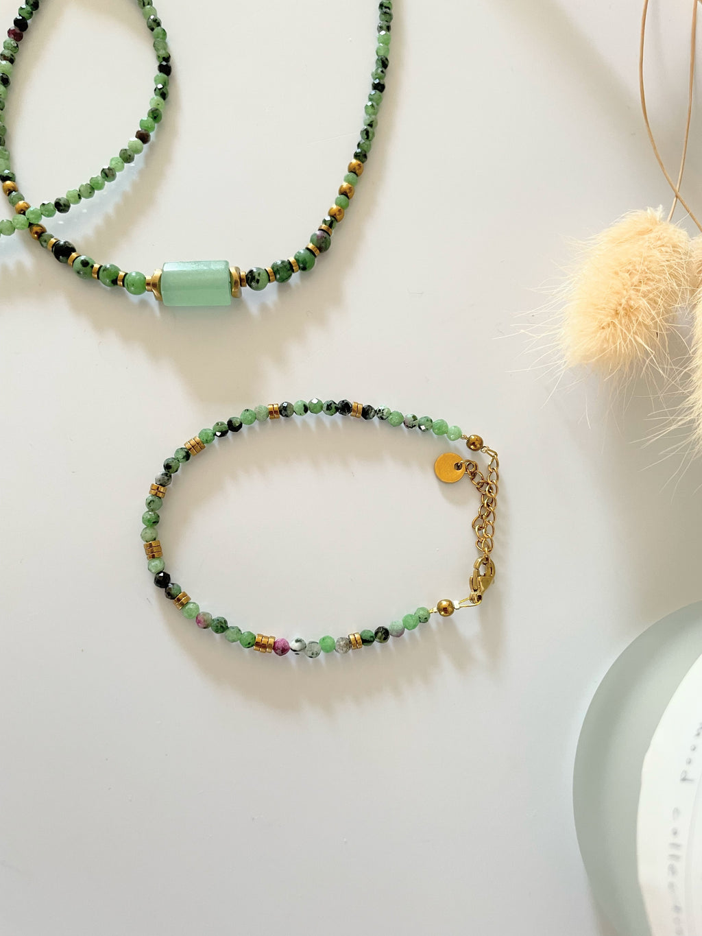 Bracelet Zoisite Vert & Hématites – Acier Inoxydable Doré – 2 Styles au Choix