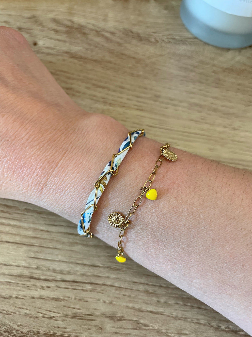 Bracelet Coton & Chaîne Dorée – Bleu & Blanc | Ajustable