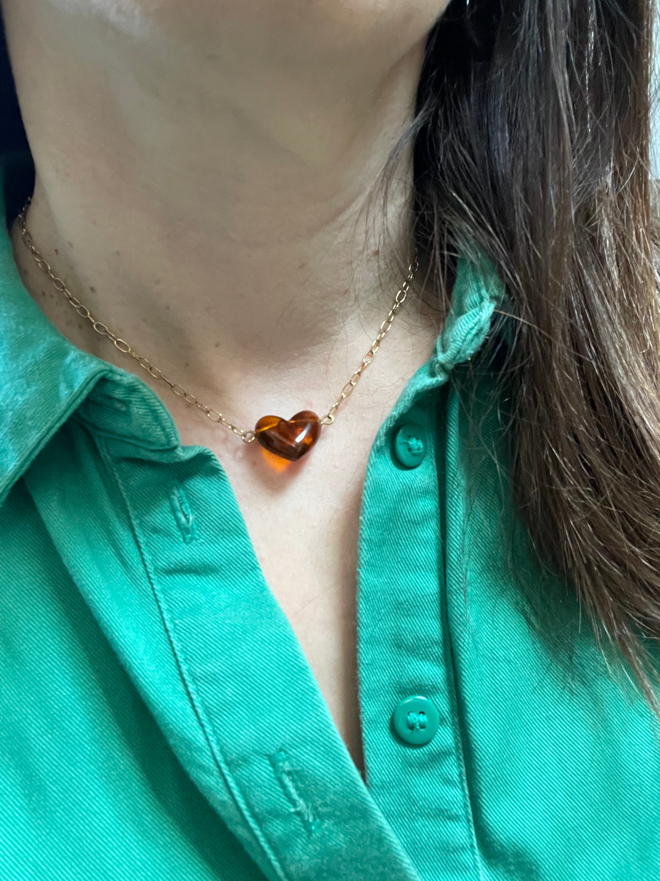 Collier Cœur Ambré en Acier Inoxydable Doré