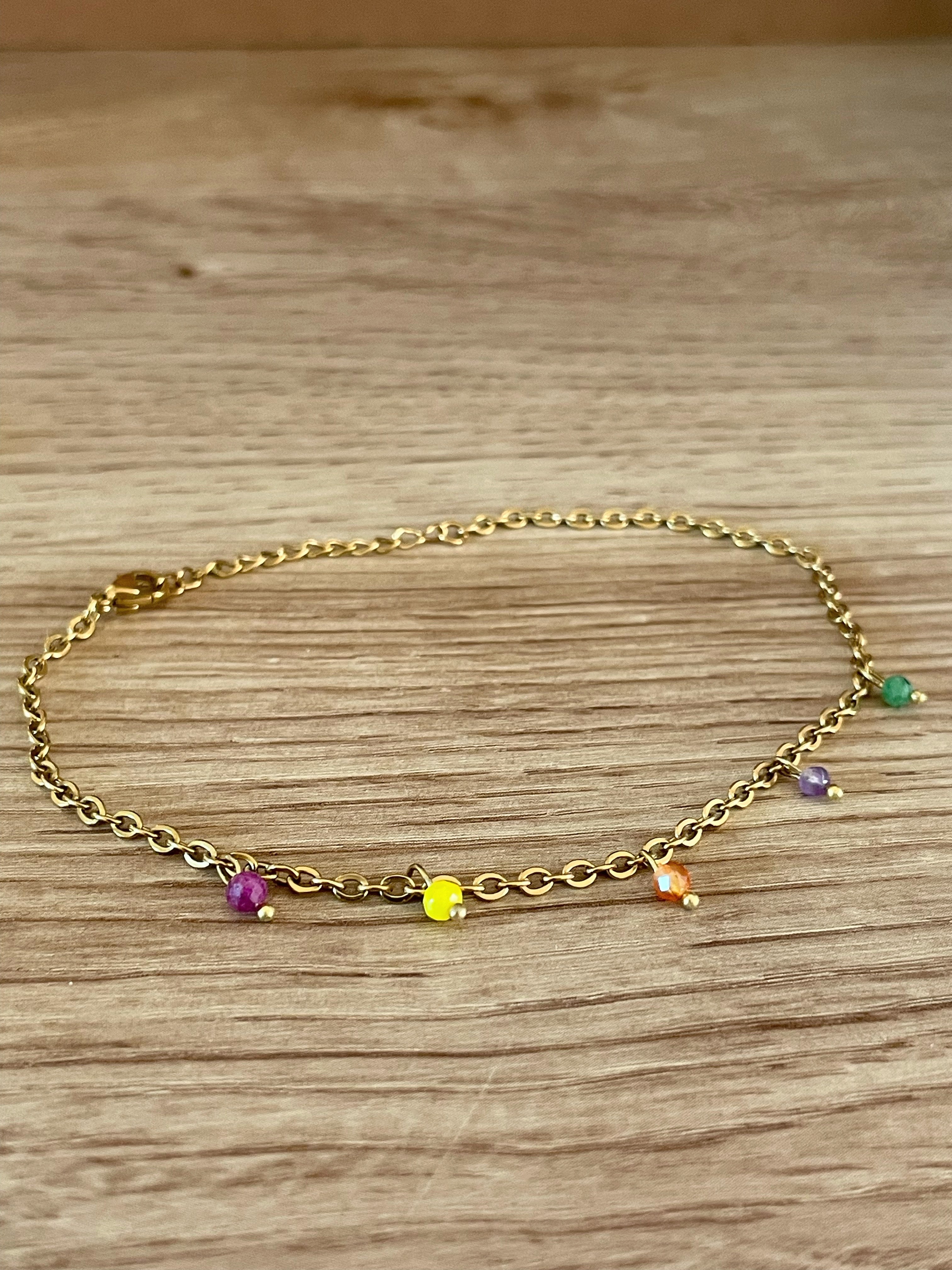 Bracelet Cheville Perles Colorées – Acier Inoxydable Doré
