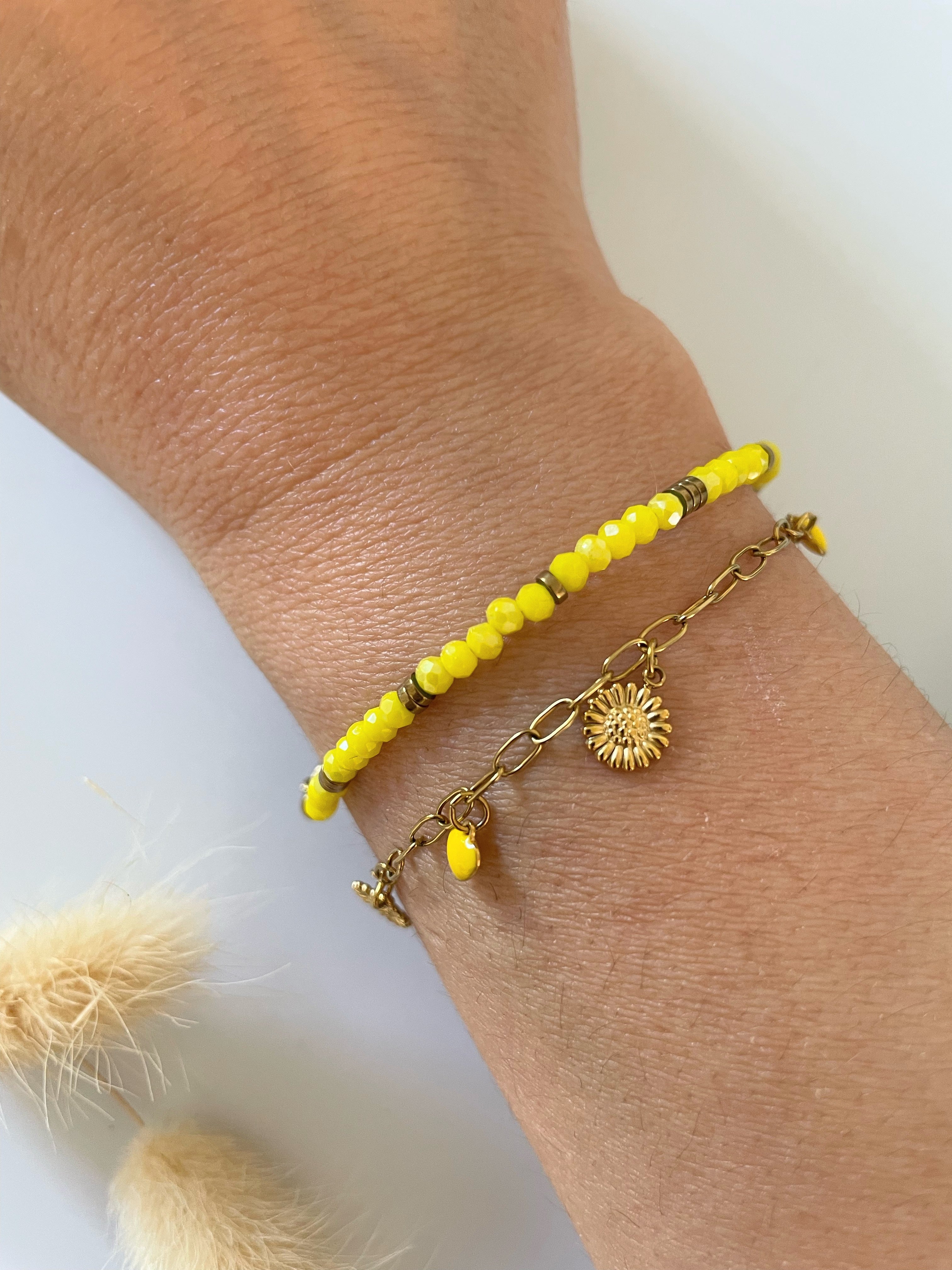 Bracelet Fin Jaune – Perles Facettées ou Breloques – Acier Inoxydable Doré