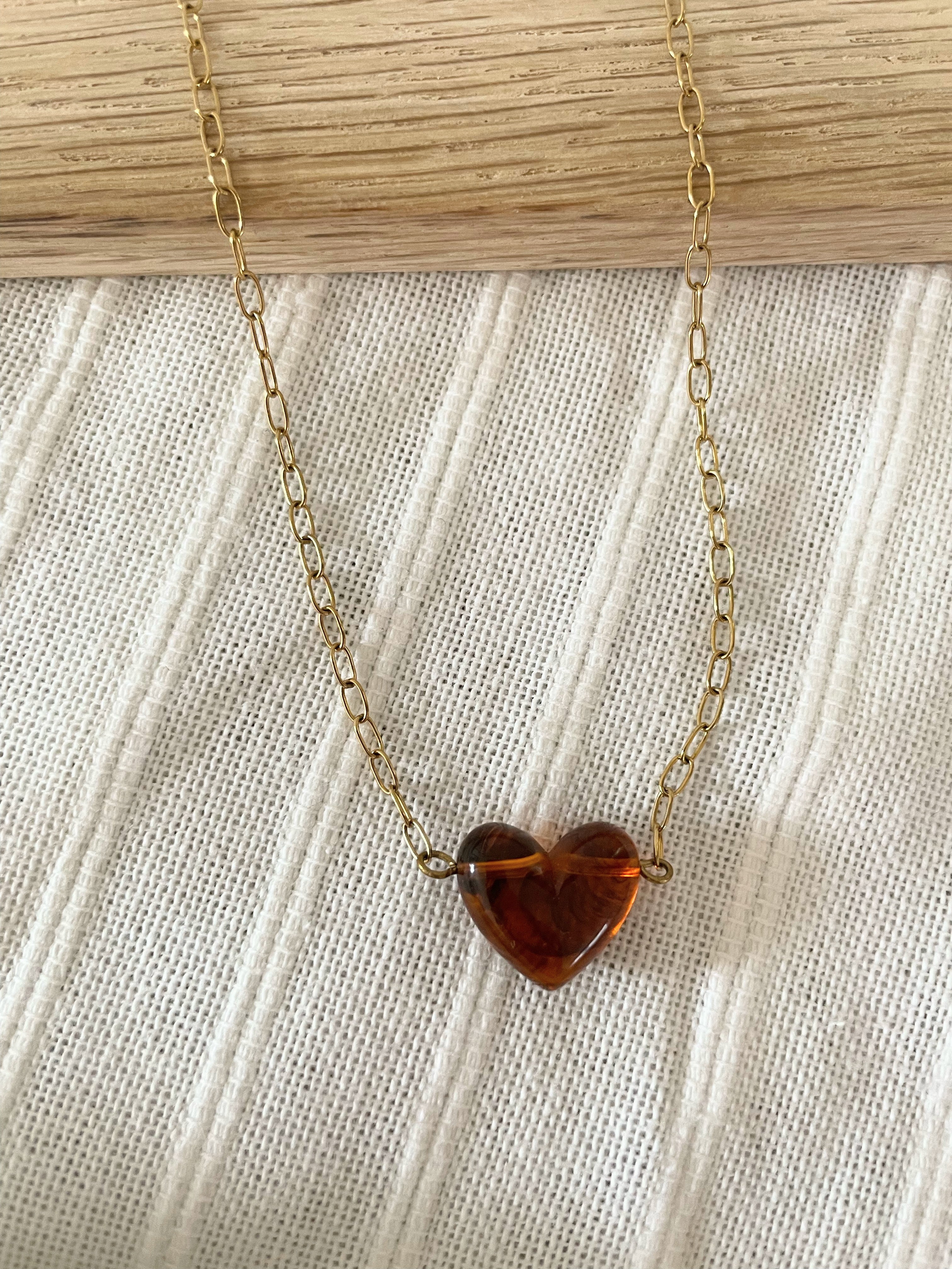 Collier Cœur Ambré en Acier Inoxydable Doré