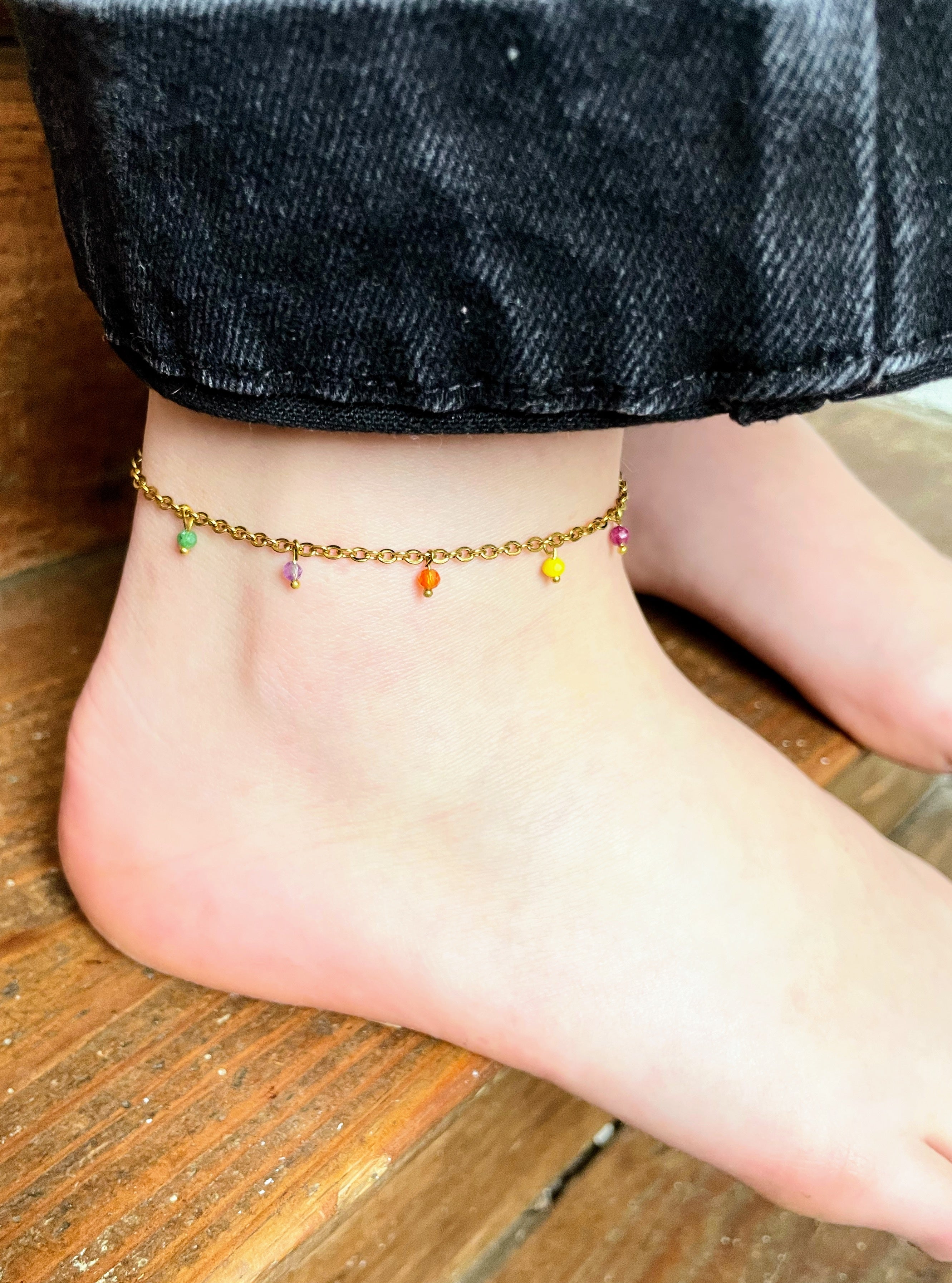 Bracelet Cheville Perles Colorées – Acier Inoxydable Doré