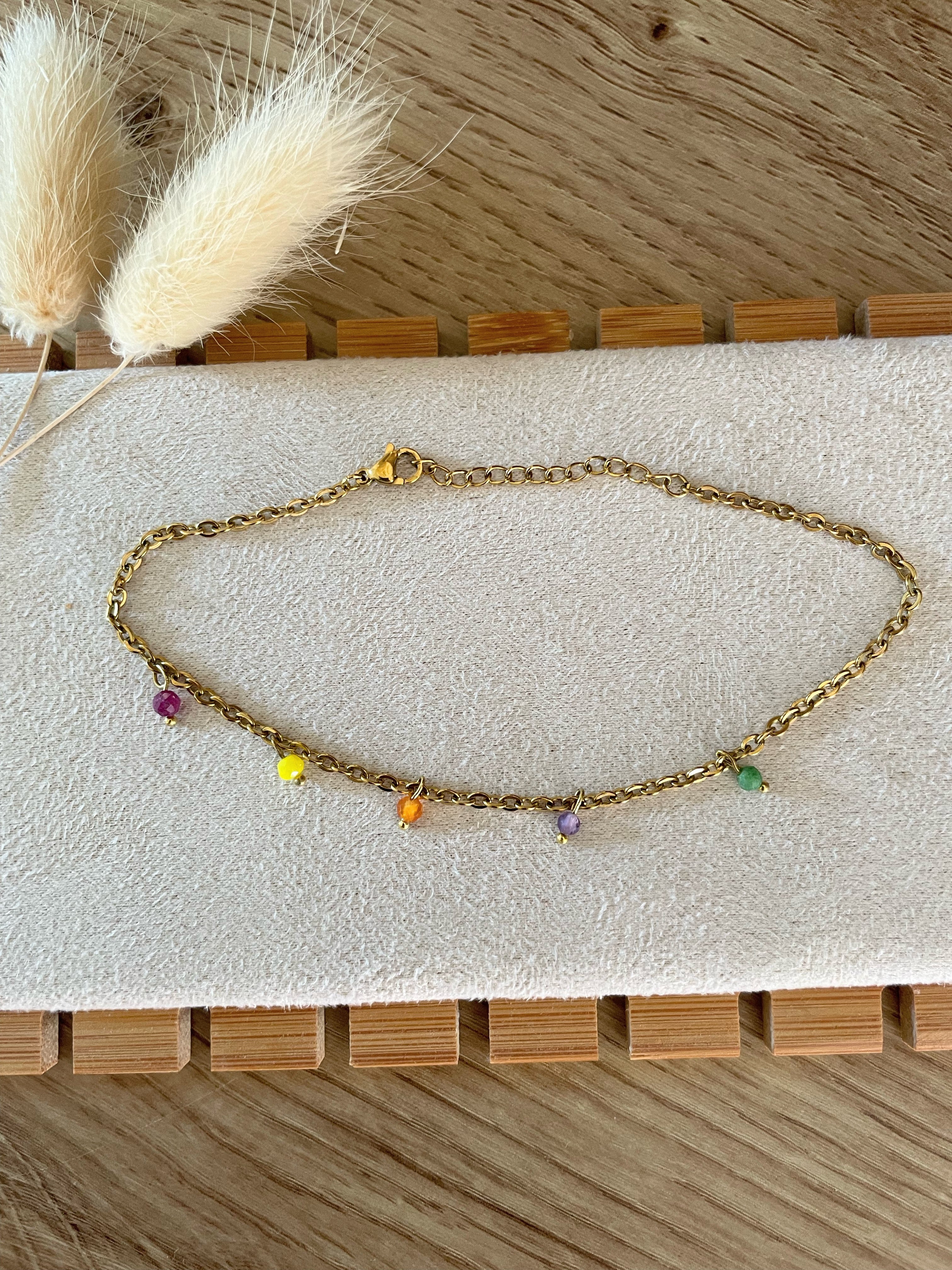 Bracelet Cheville Perles Colorées – Acier Inoxydable Doré