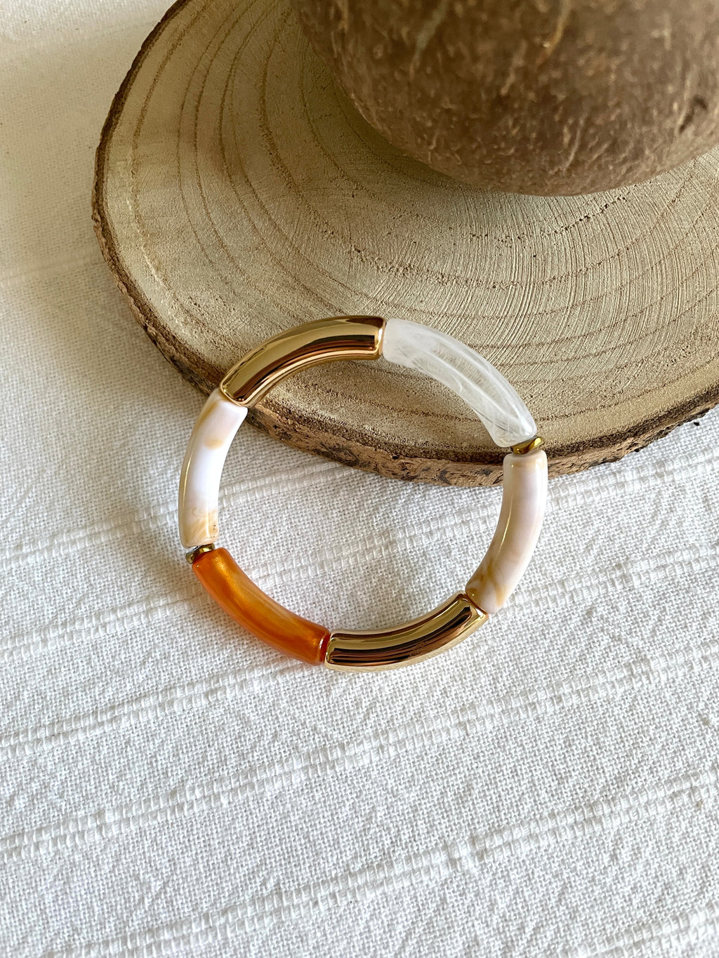 Bracelet Tube en Acétate Doré et Orange