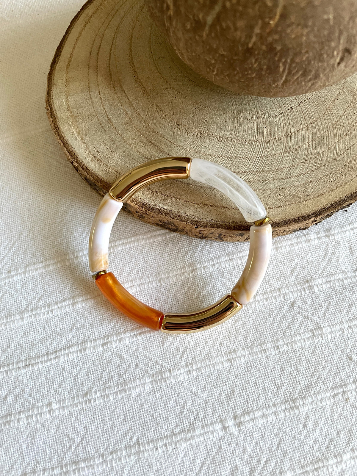 Bracelet Tube en Acétate Doré et Orange