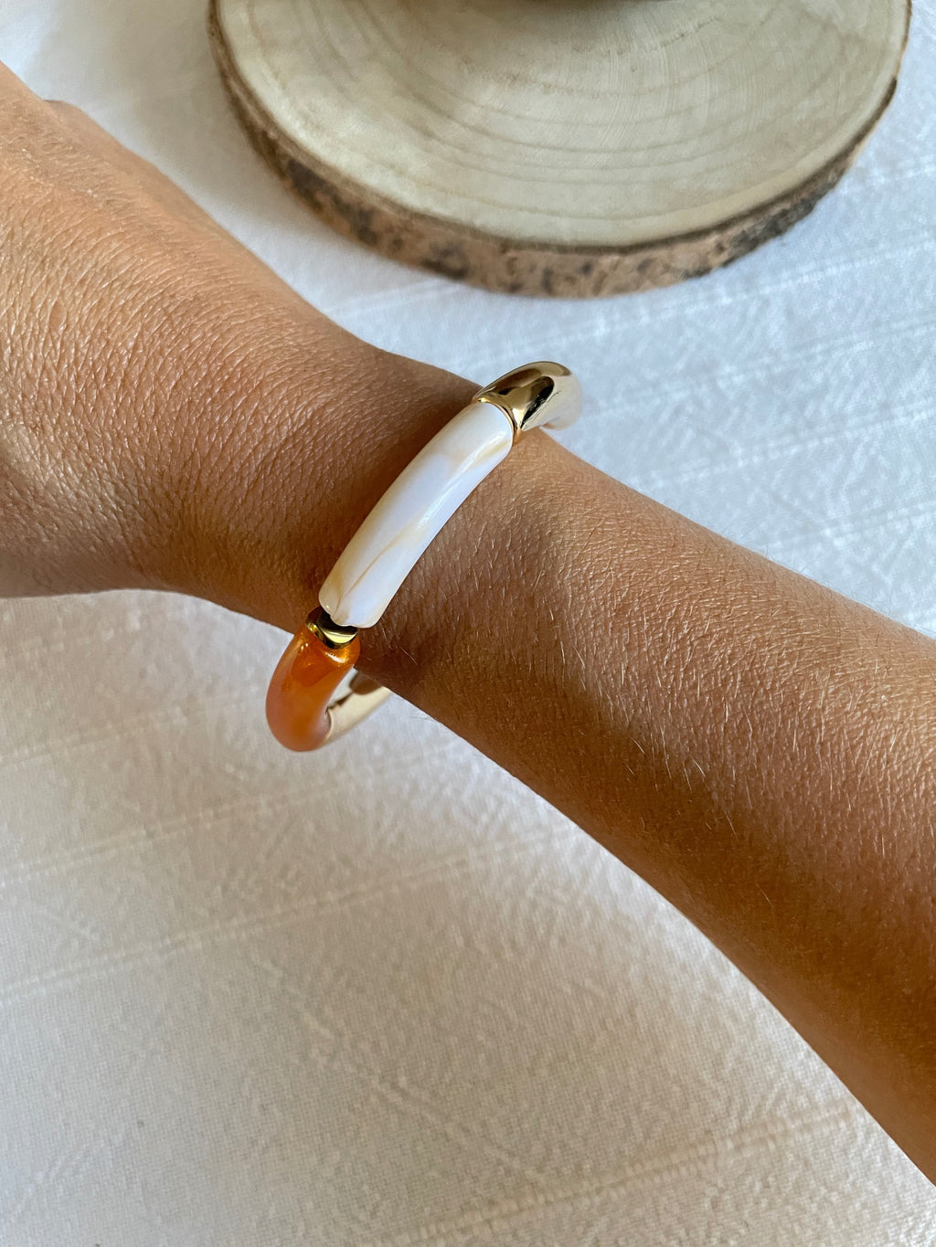 Bracelet Tube en Acétate Doré et Orange
