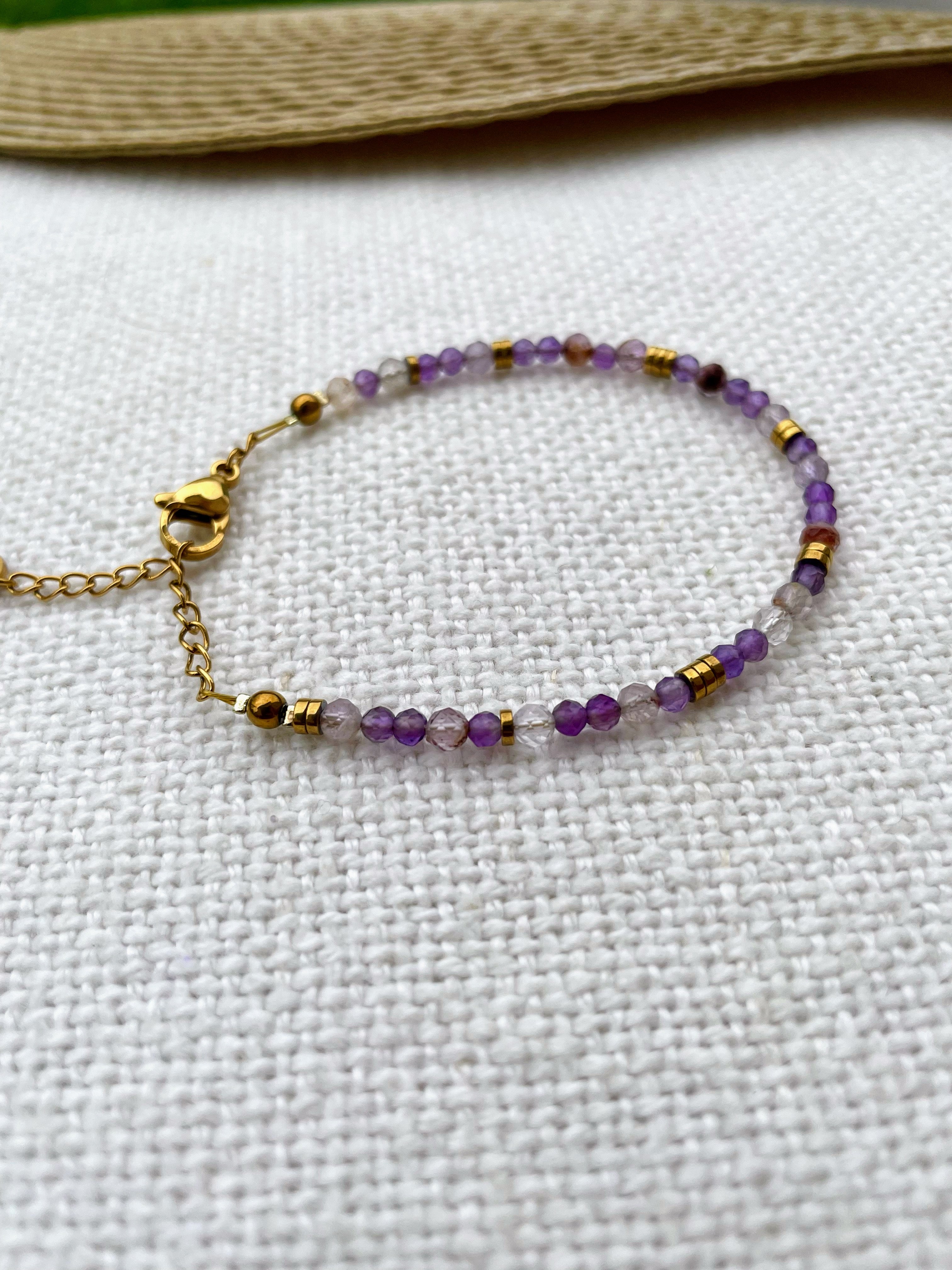 Bracelet Améthyste & Hématites Dorées | Perles Naturelles | Acier Inoxydable