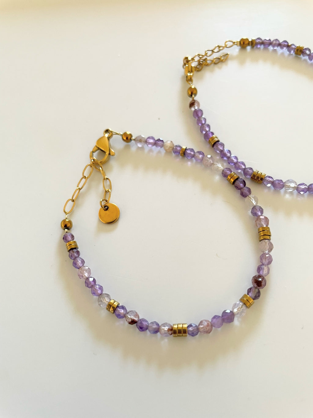 Bracelet Améthyste & Hématites Dorées | Perles Naturelles | Acier Inoxydable