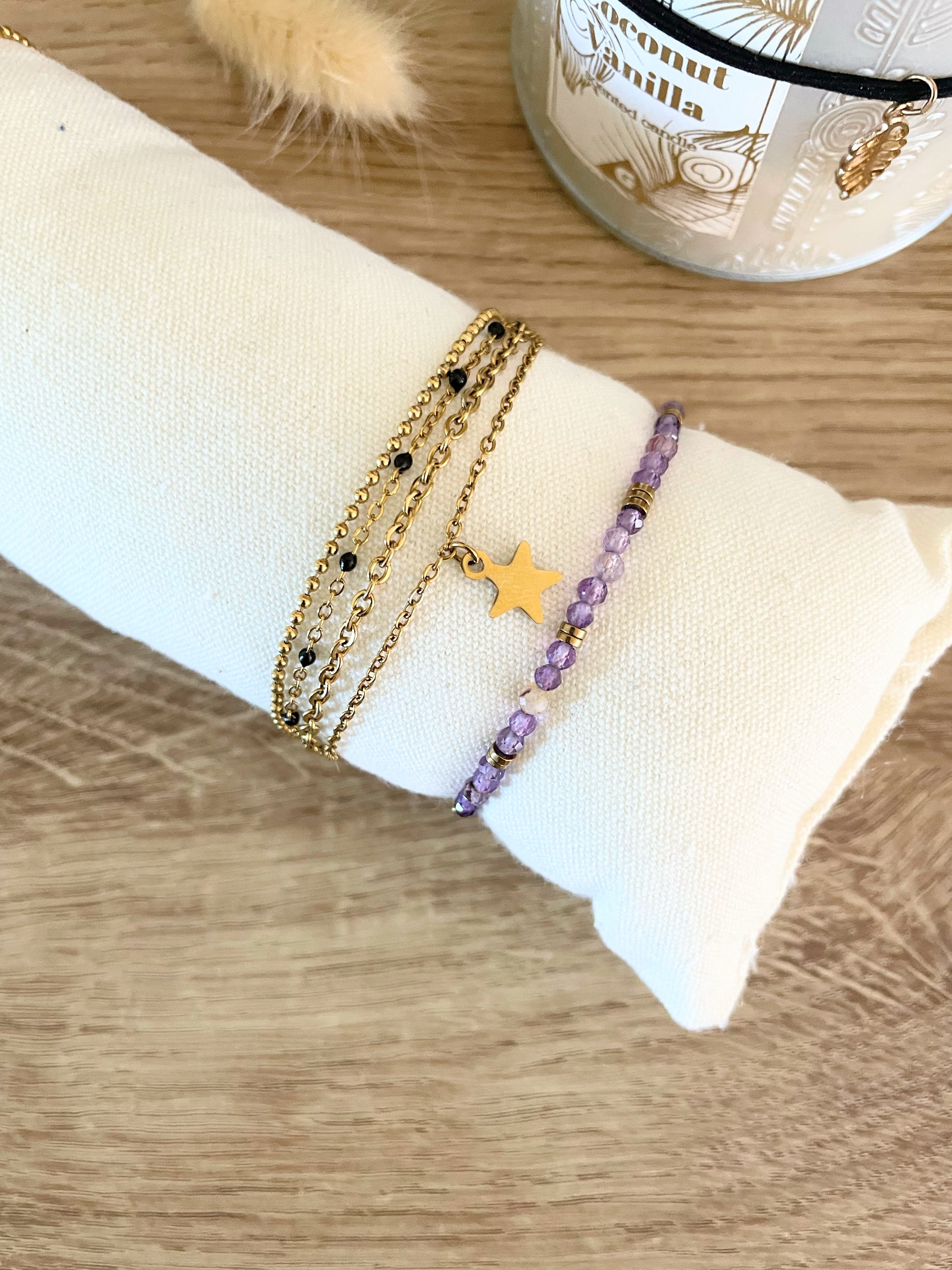 Bracelet Améthyste & Hématites Dorées | Perles Naturelles | Acier Inoxydable