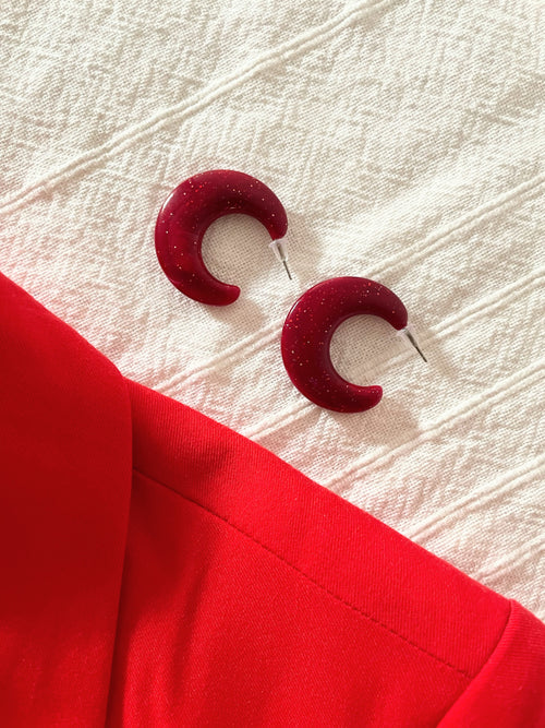Boucles d'Oreilles Demi-Lune Rouge Acier Inoxydable