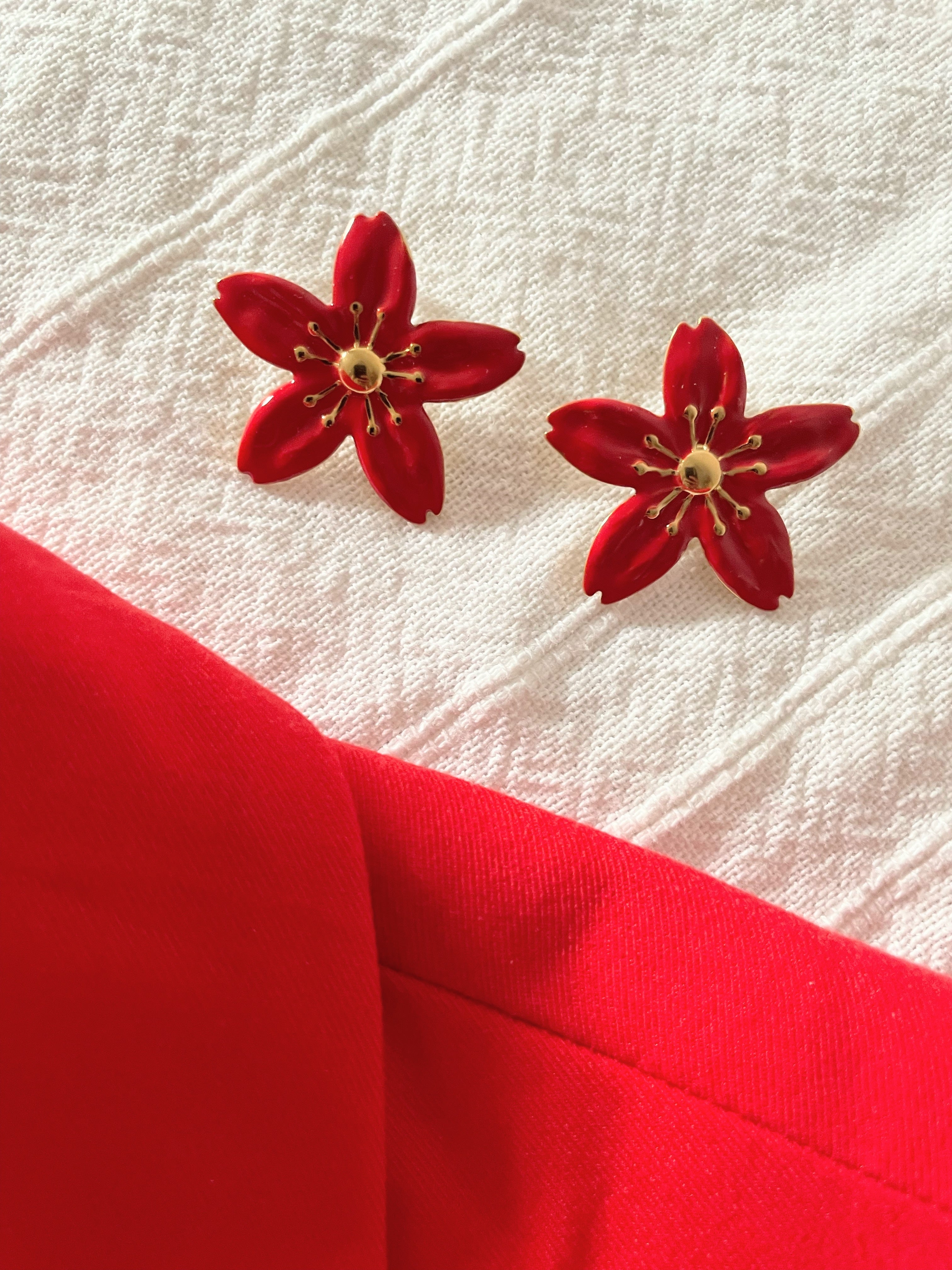 Boucles d'Oreilles Fleur Rouge Acier Inoxydable Doré