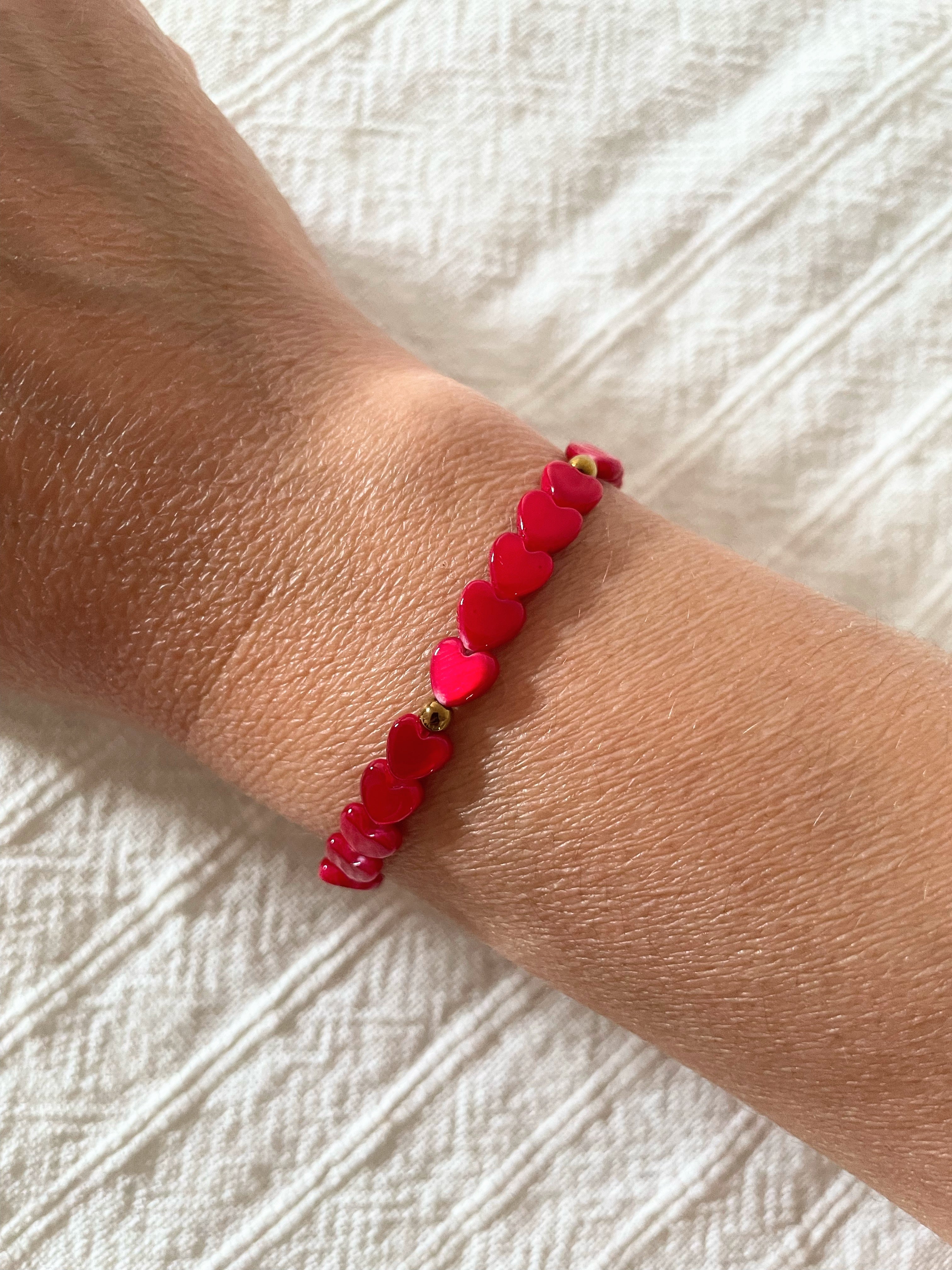 Bracelet Élastique Petits Cœurs Nacre Teintés Rouge | LPY BIJOUX