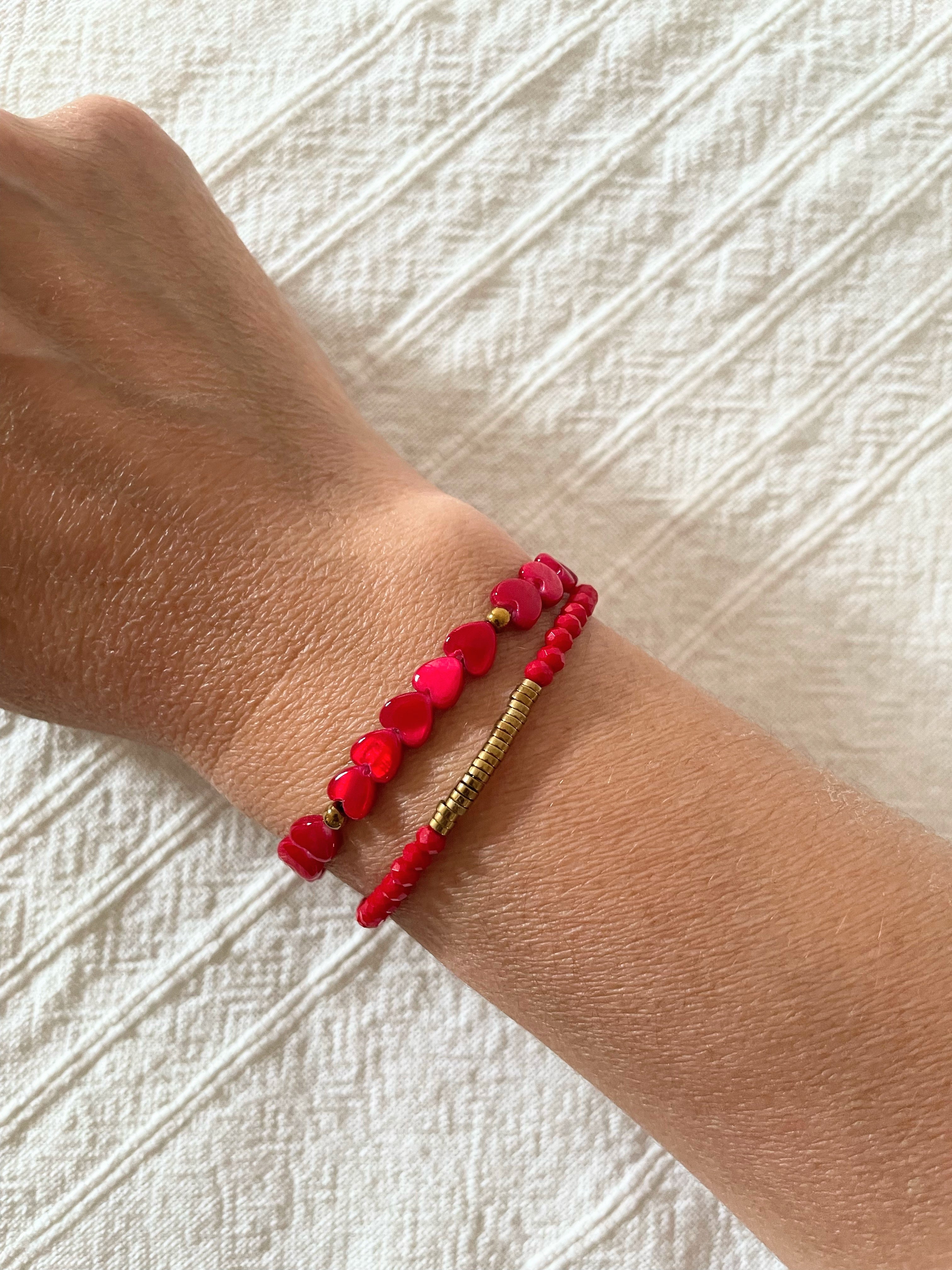 Bracelet Élastique Petits Cœurs Nacre Teintés Rouge | LPY BIJOUX