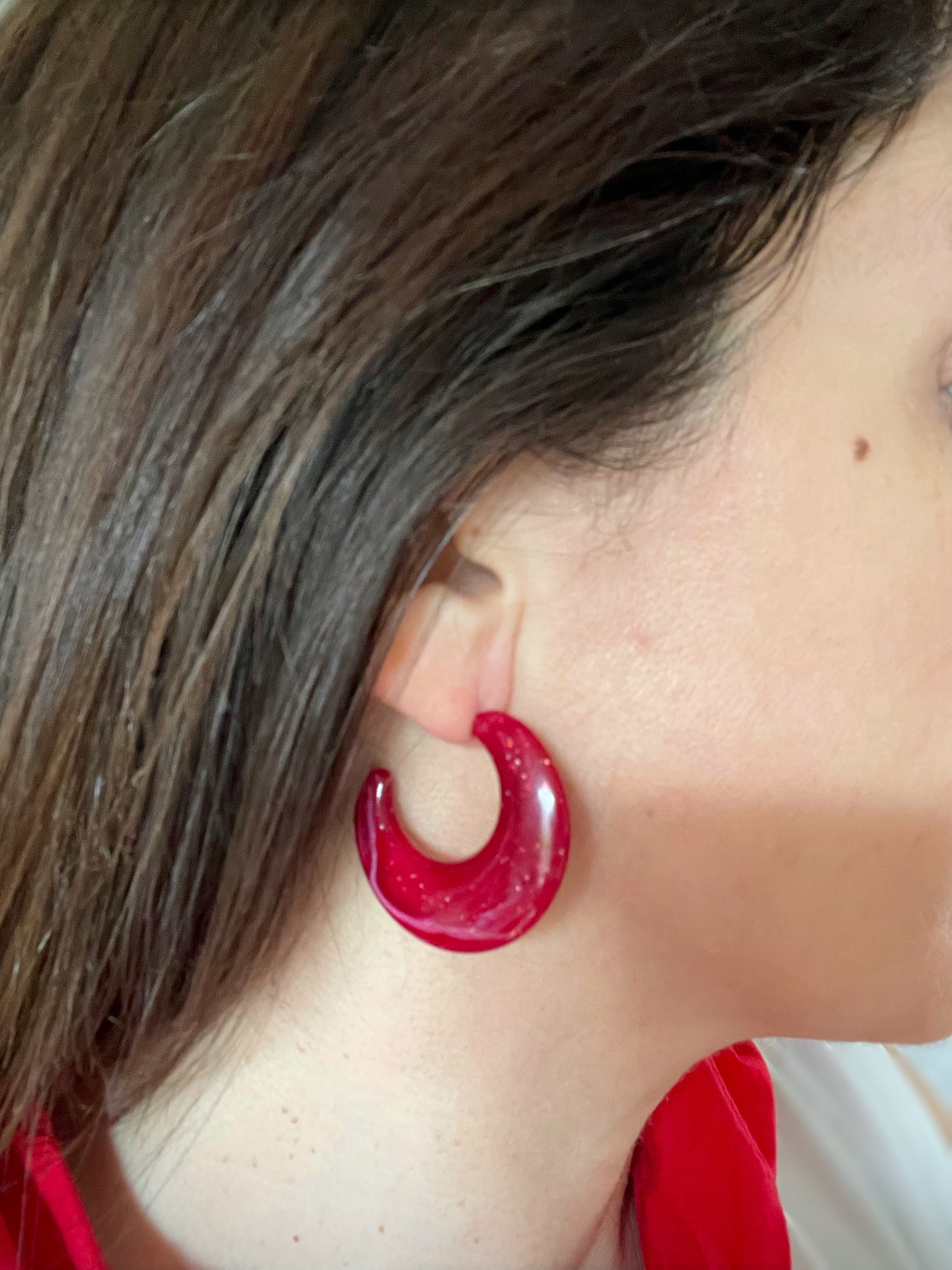 Boucles d'Oreilles Demi-Lune Rouge Acier Inoxydable