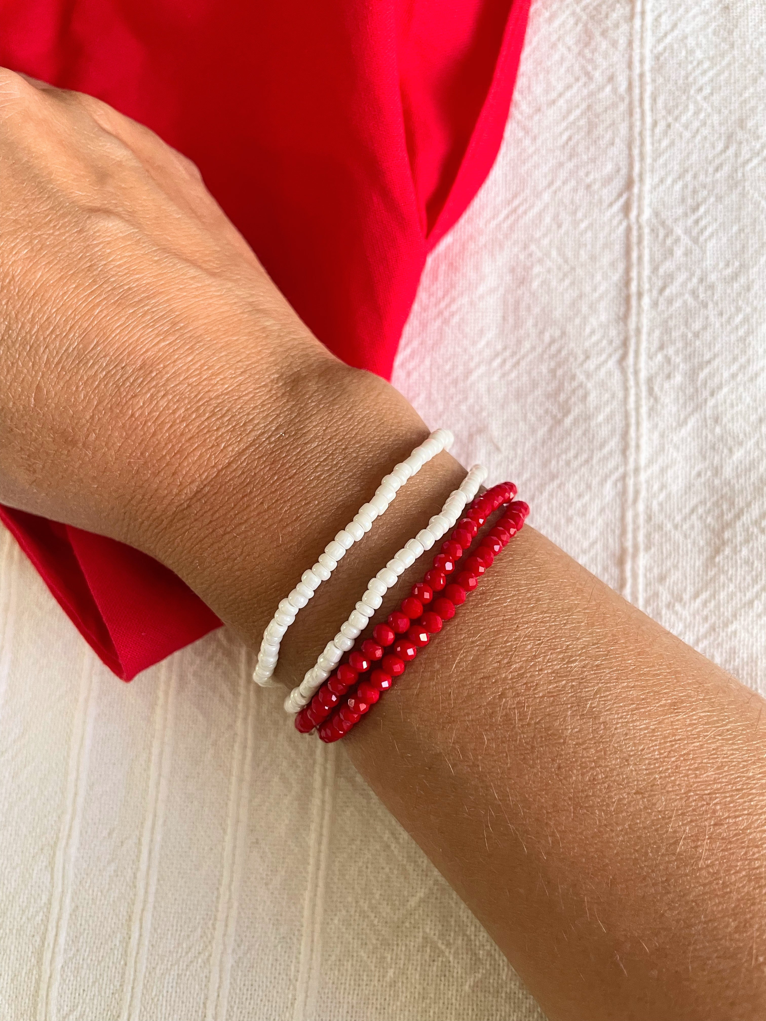 Bracelet Élastique Rouge ou Blanc Perles