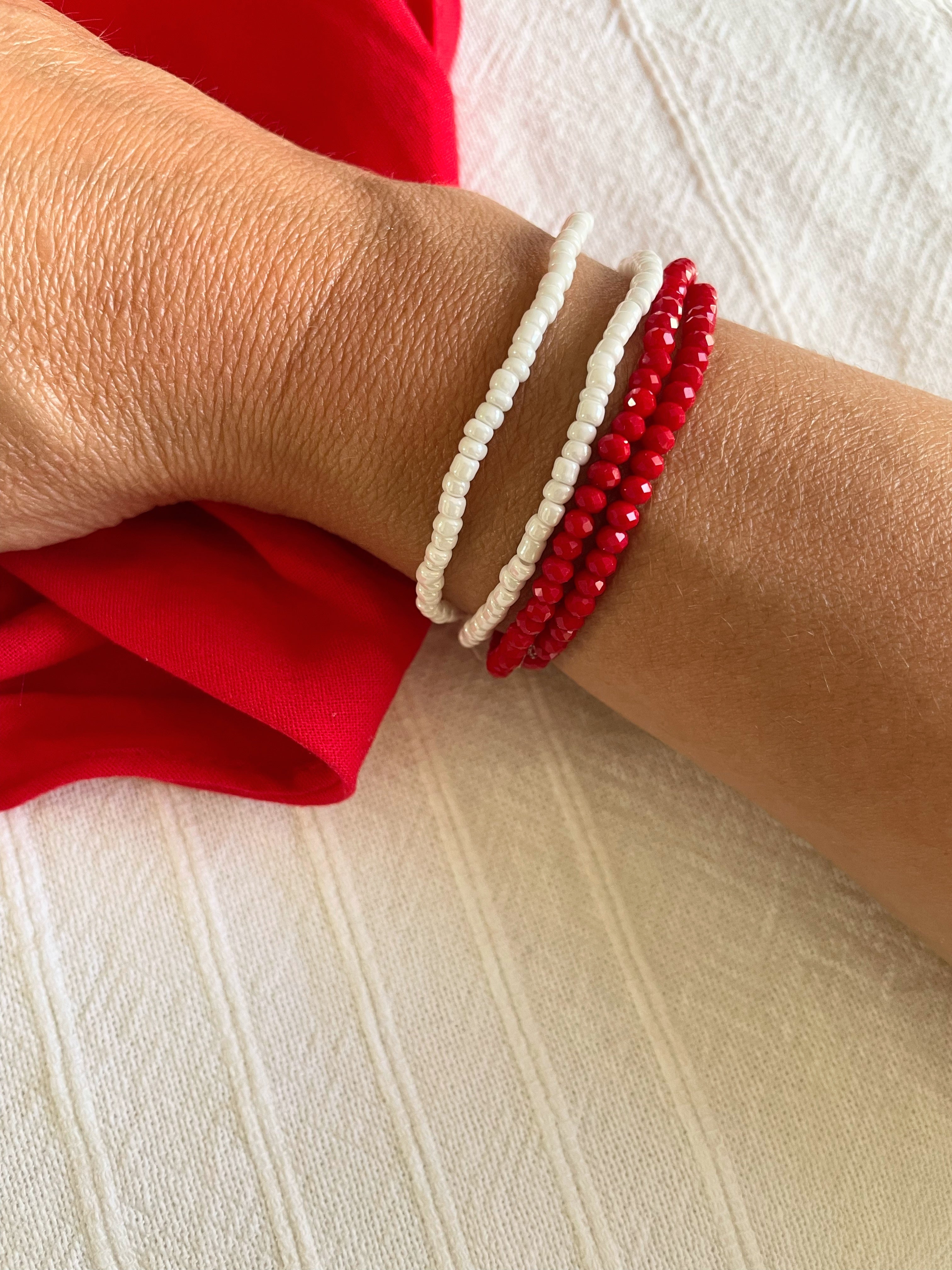 Bracelet Élastique Rouge ou Blanc Perles