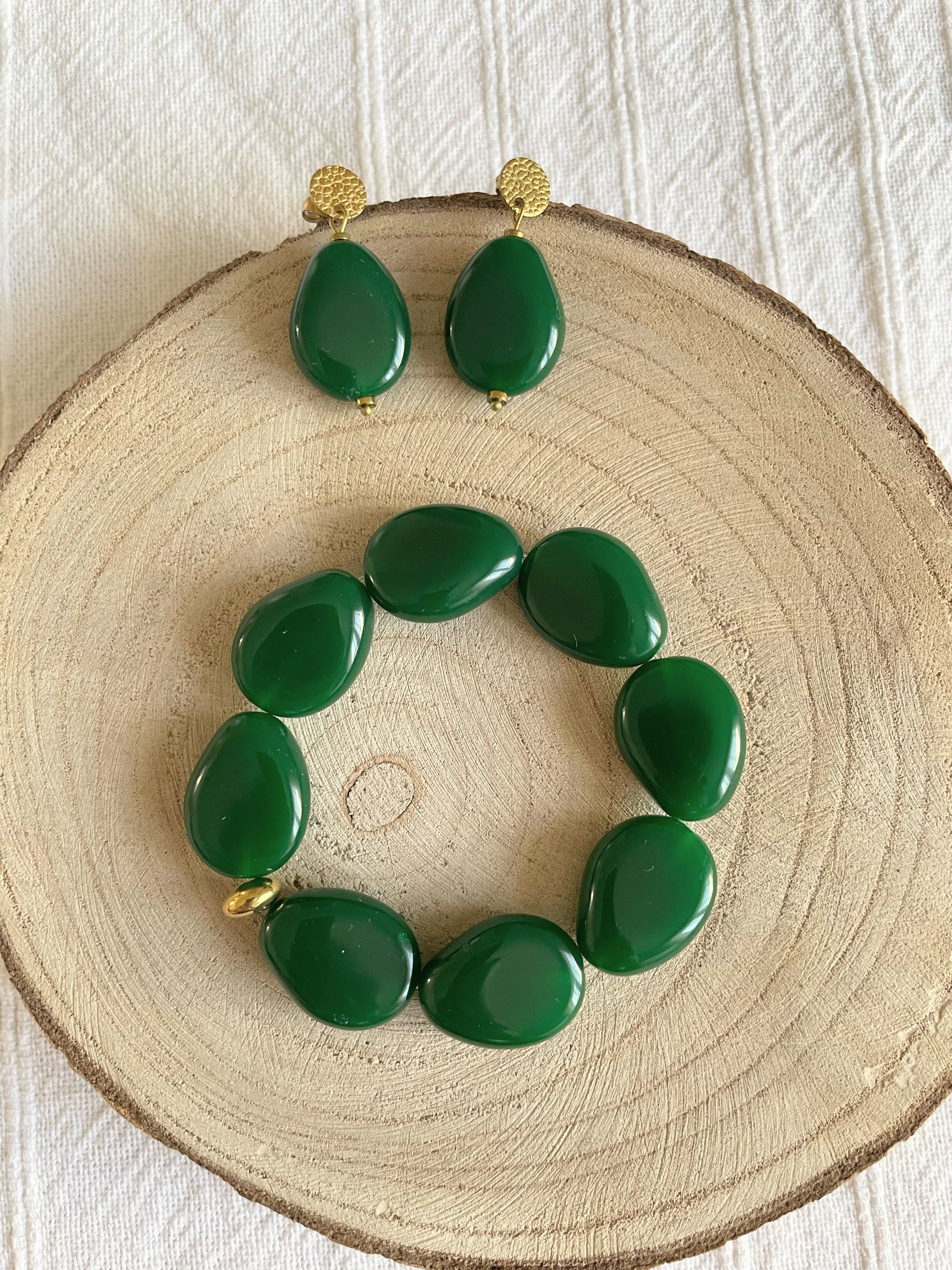 Bracelet Élastique Grosses Perles Résine Verte