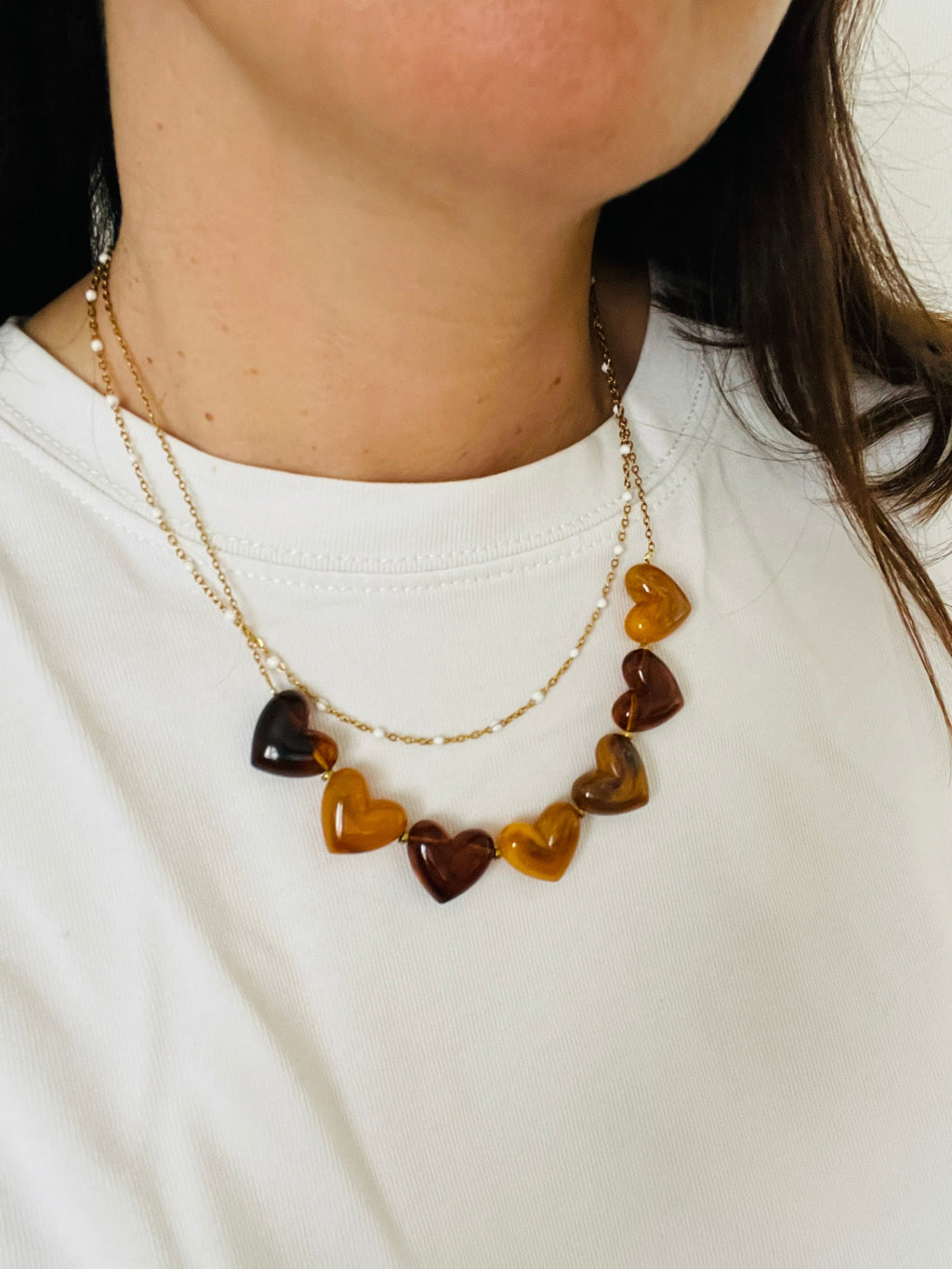 Collier Multi-Cœurs Ambrés | Acier Inoxydable Doré