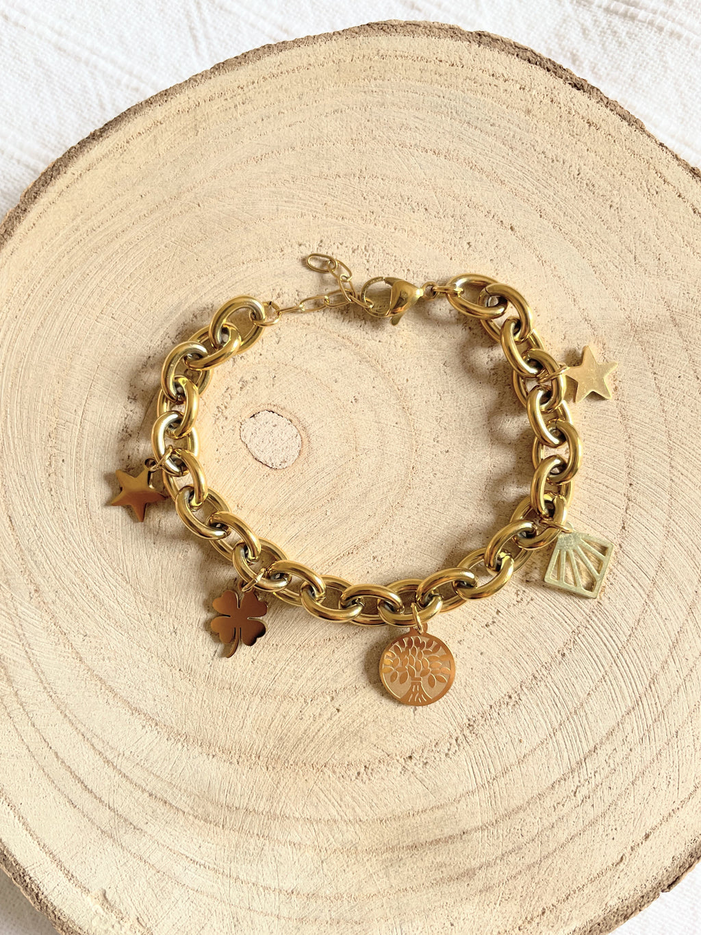 Bracelet Gros Maillon Breloques Étoile & Lotus | Acier Doré