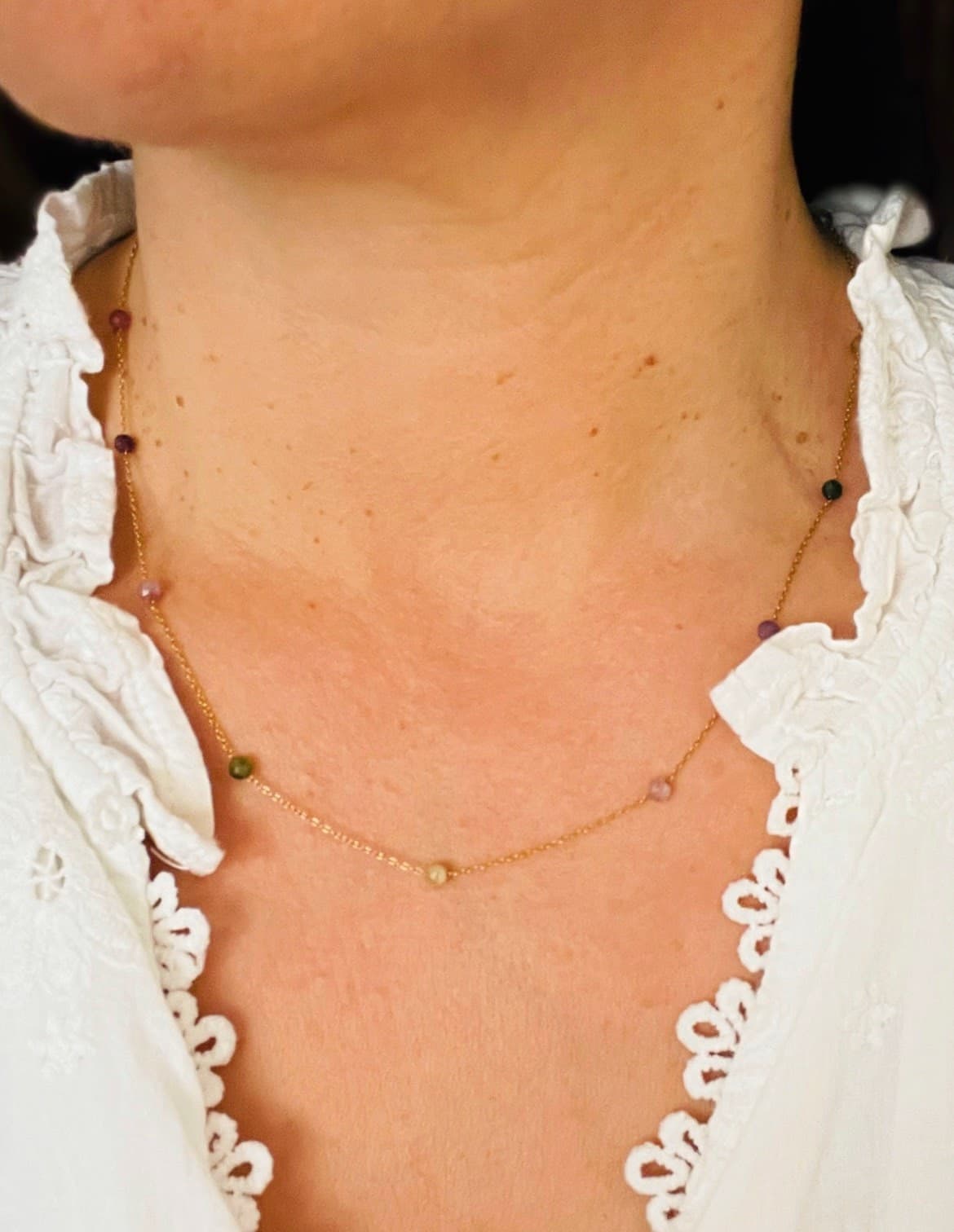 Collier Fin Perles Tourmalines Multicolores | Acier Inoxydable Doré