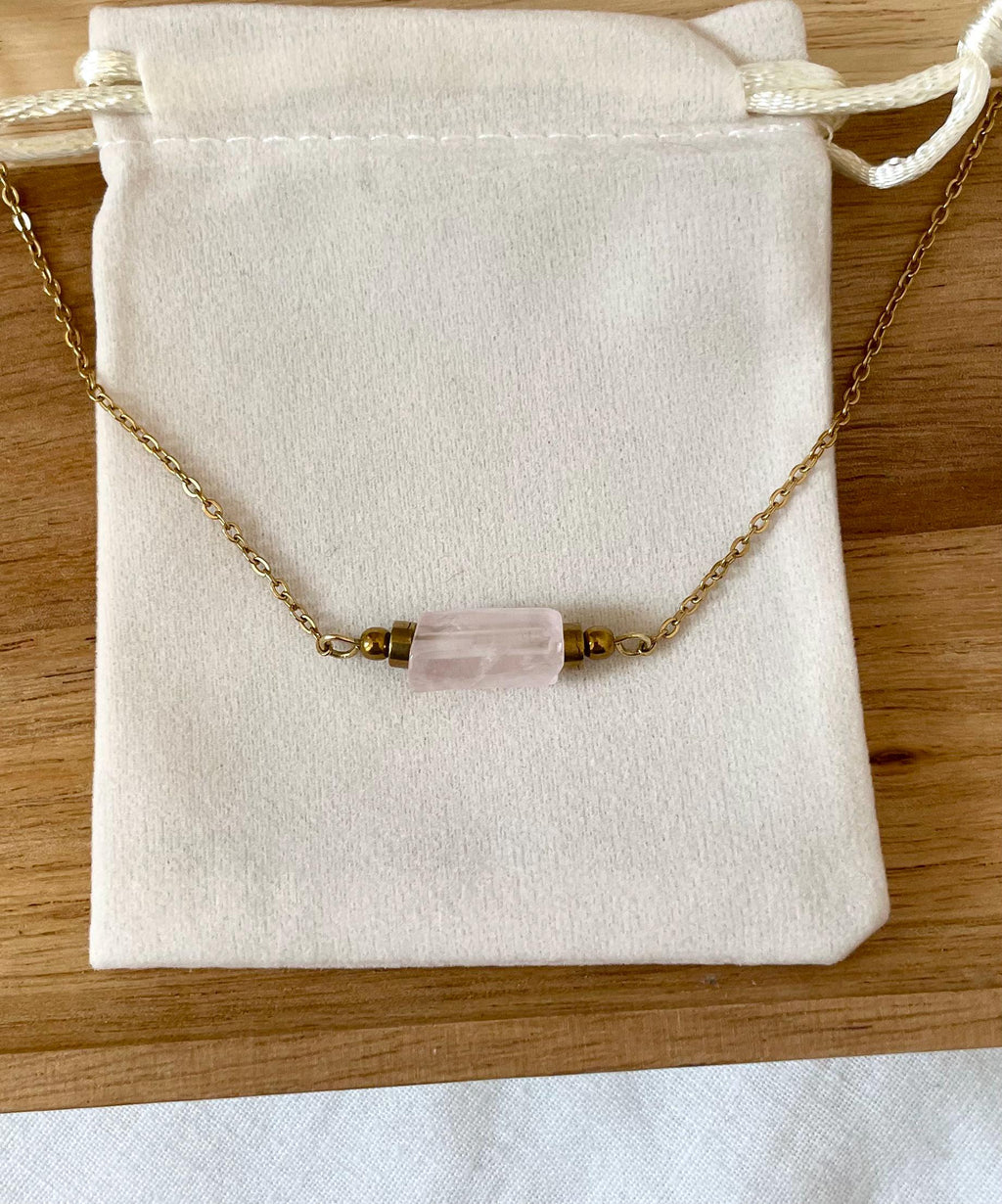 Collier Ras de Cou Quartz Rose - Acier Inoxydable Doré