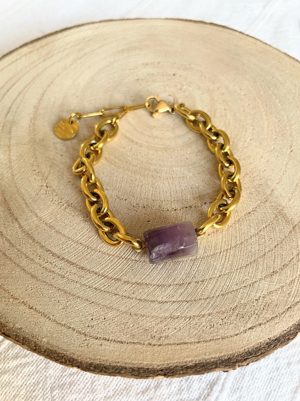 Bracelet Gros Maillon Acier Doré & Pierre Naturelle Améthyste