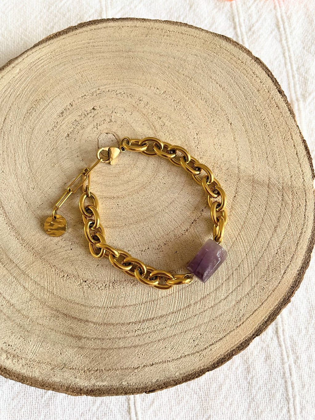 Bracelet Gros Maillon Acier Doré & Pierre Naturelle Améthyste