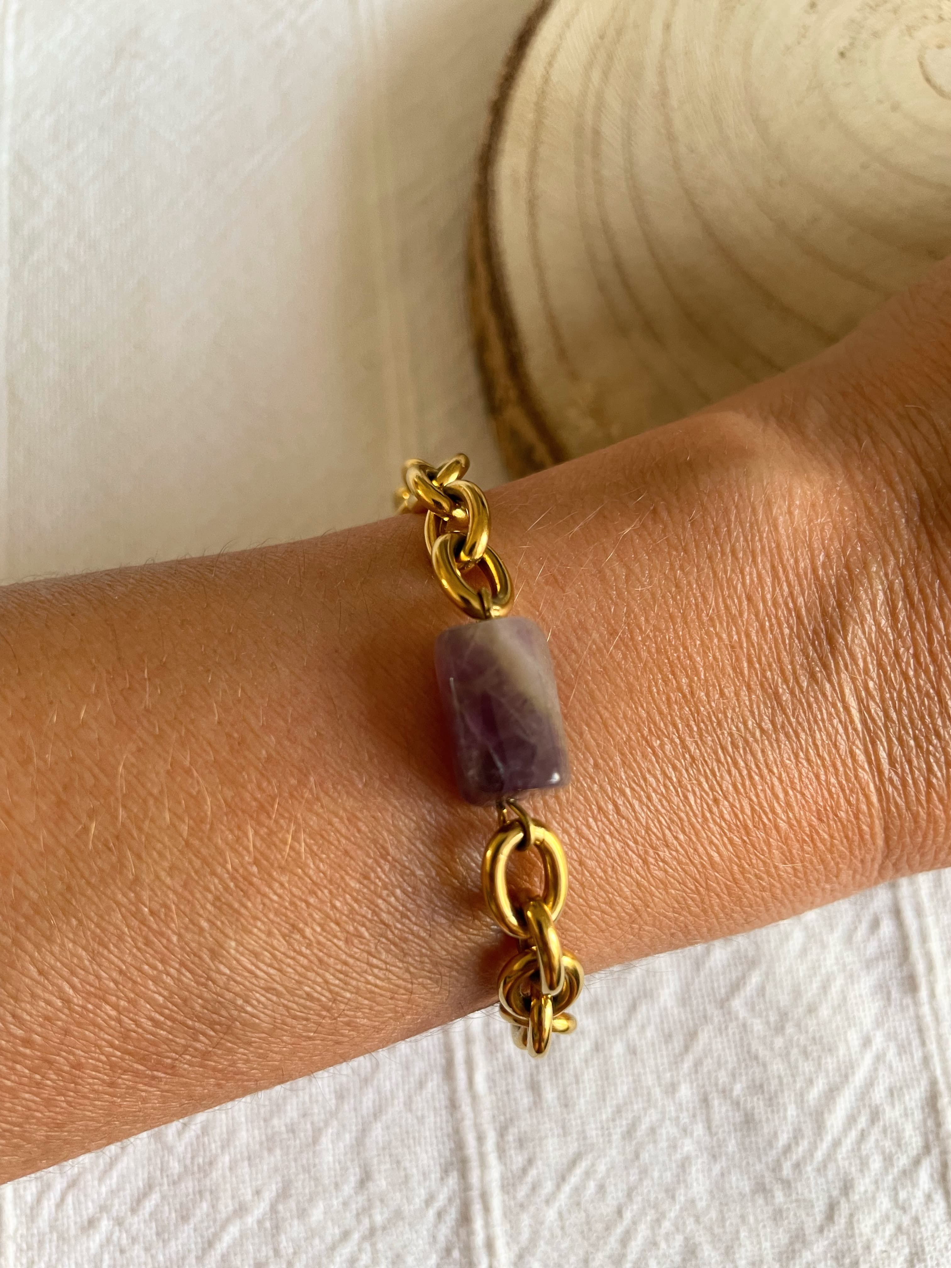 Bracelet Gros Maillon Acier Doré & Pierre Naturelle Améthyste