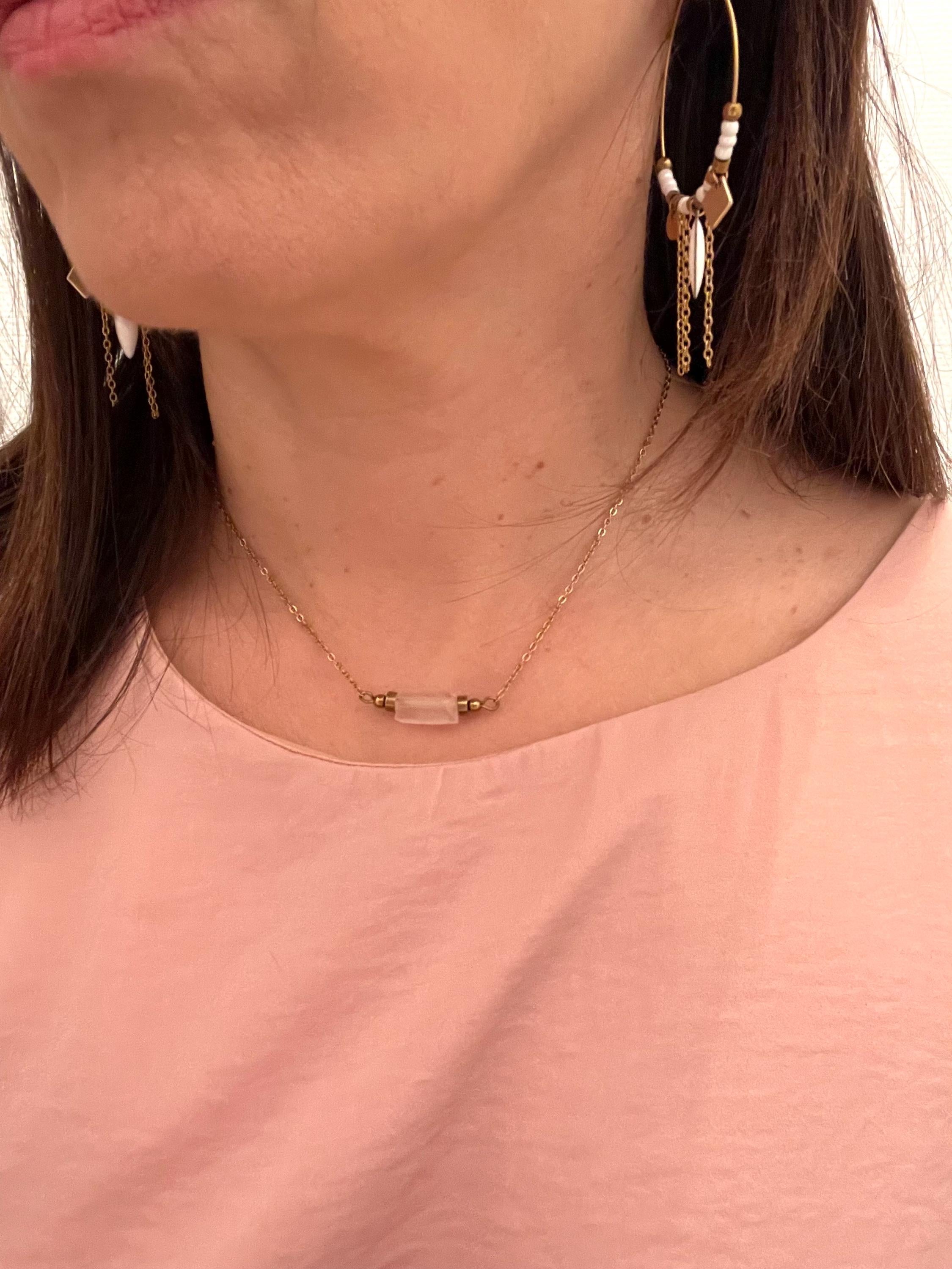 Collier Ras de Cou Quartz Rose - Acier Inoxydable Doré